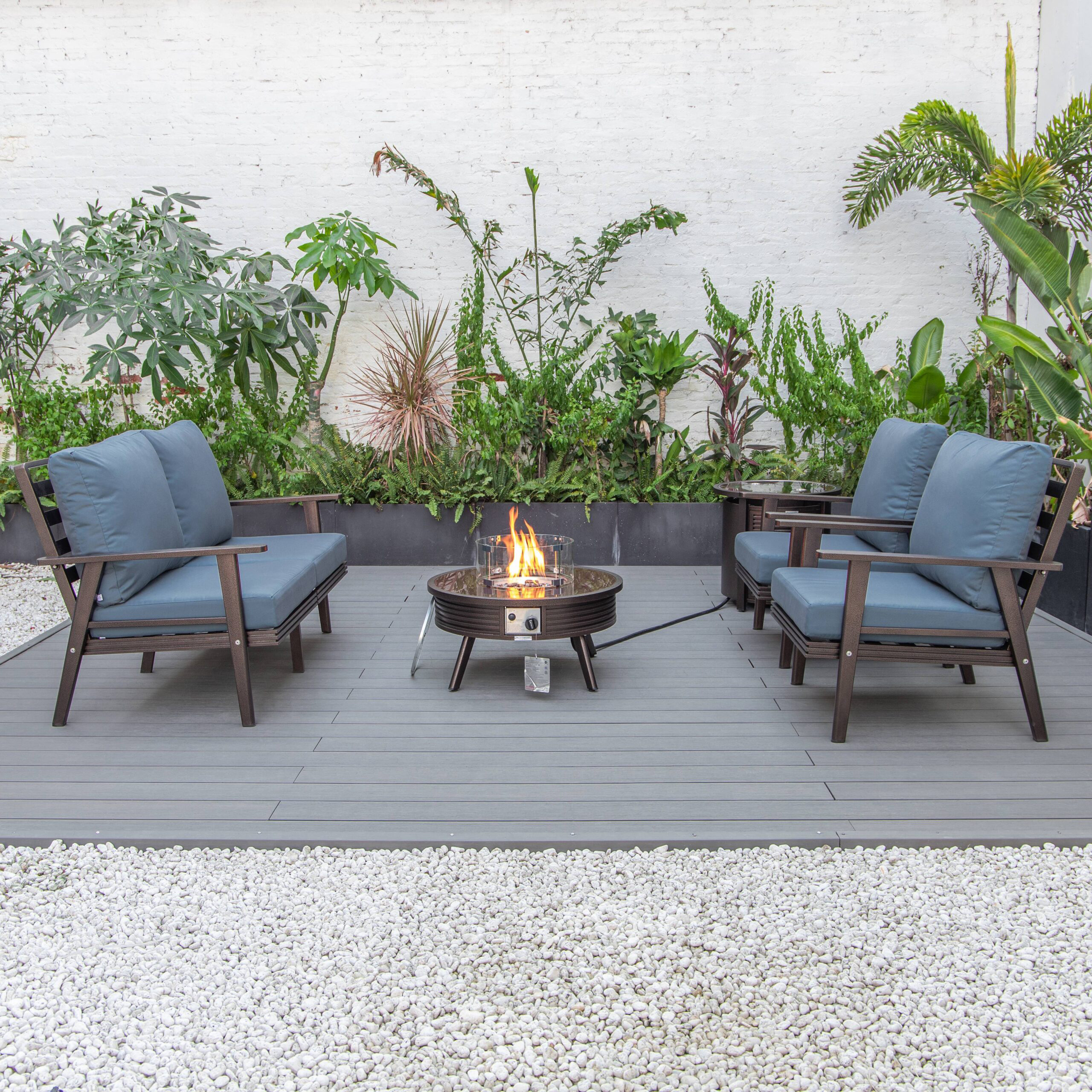 LeisureMod Walbrooke Modern Brown Patio Conversation With Round Fire Pit With Slats Design & Tank Holder - Navy Blue