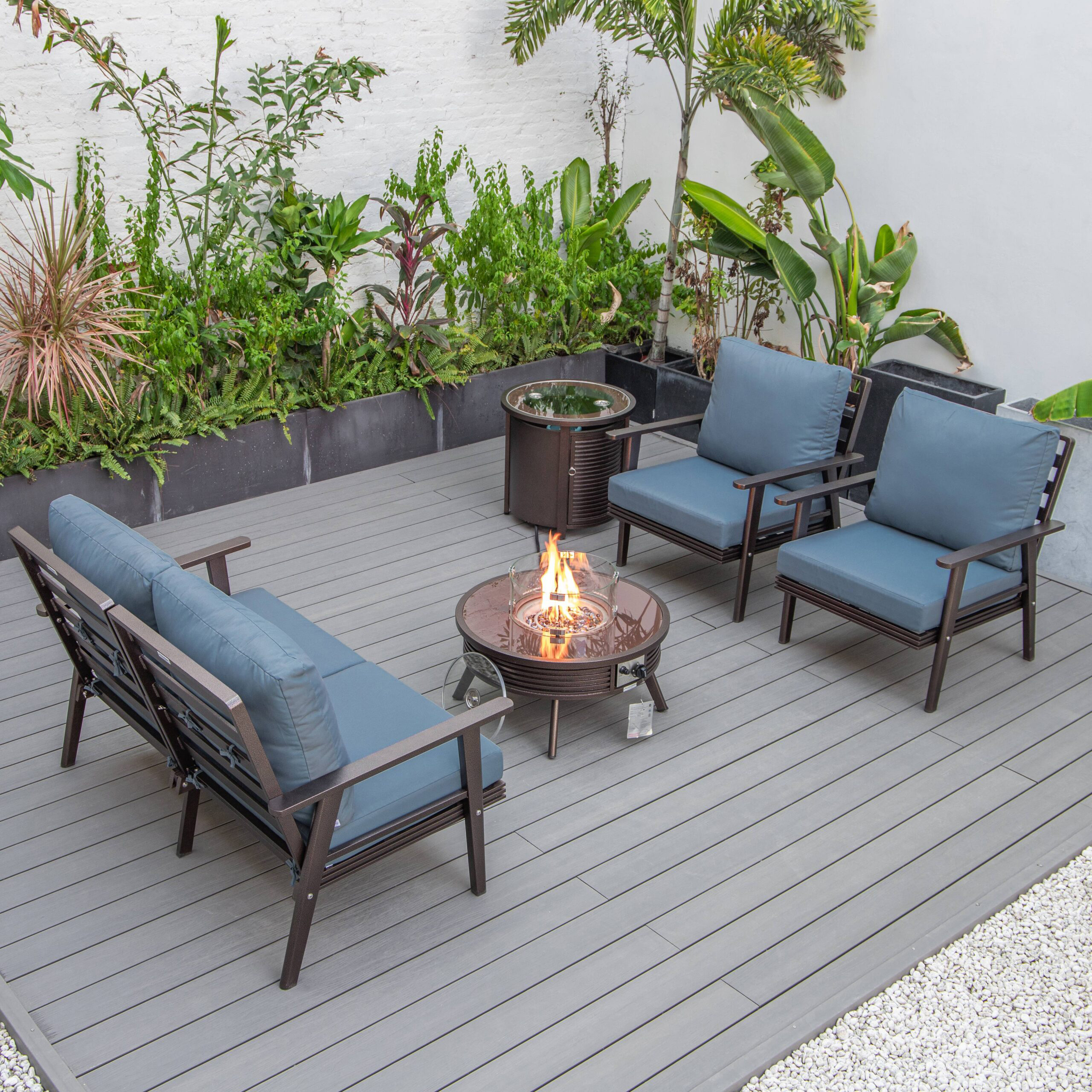 LeisureMod Walbrooke Modern Brown Patio Conversation With Round Fire Pit With Slats Design & Tank Holder - Navy Blue