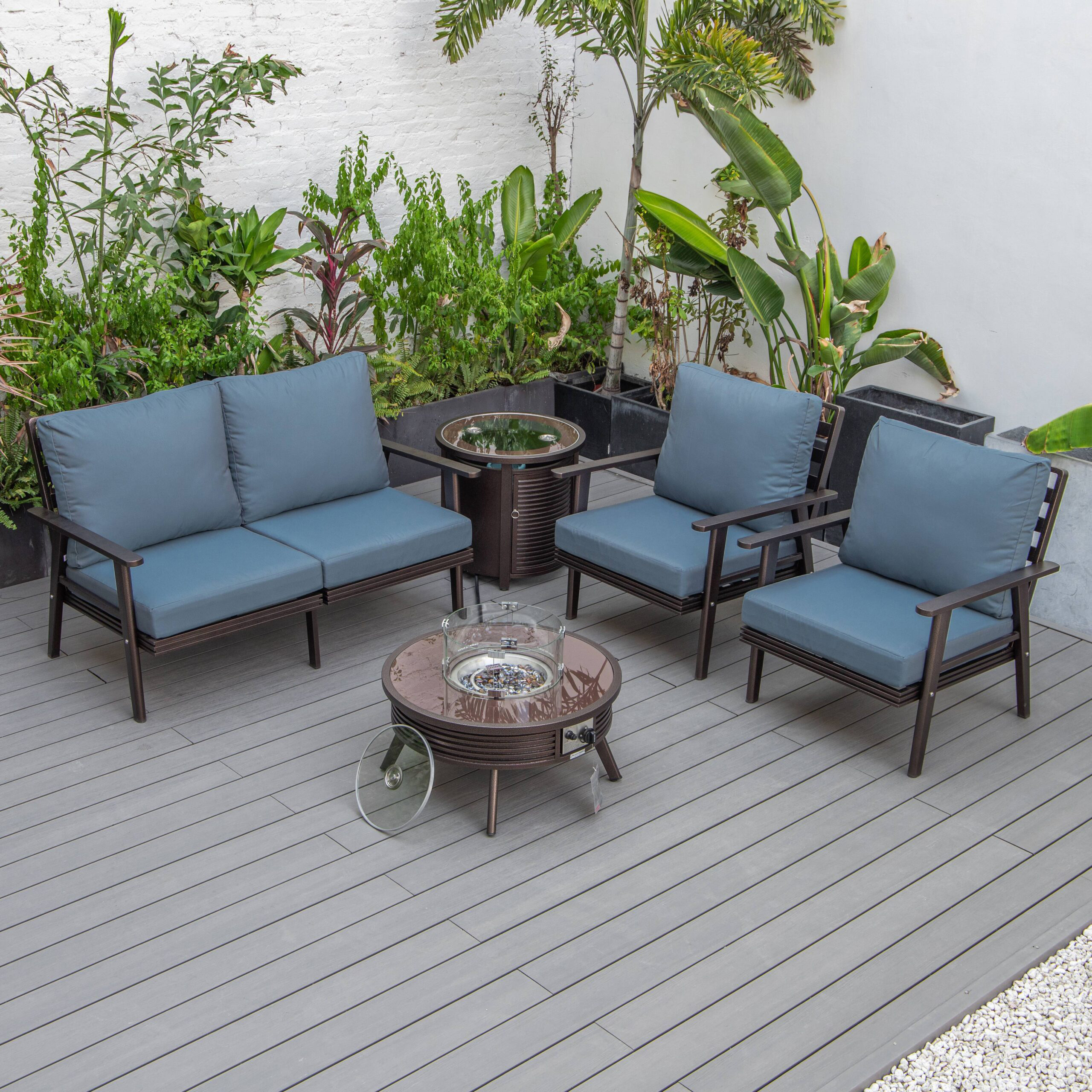 LeisureMod Walbrooke Modern Brown Patio Conversation With Round Fire Pit With Slats Design & Tank Holder - Navy Blue