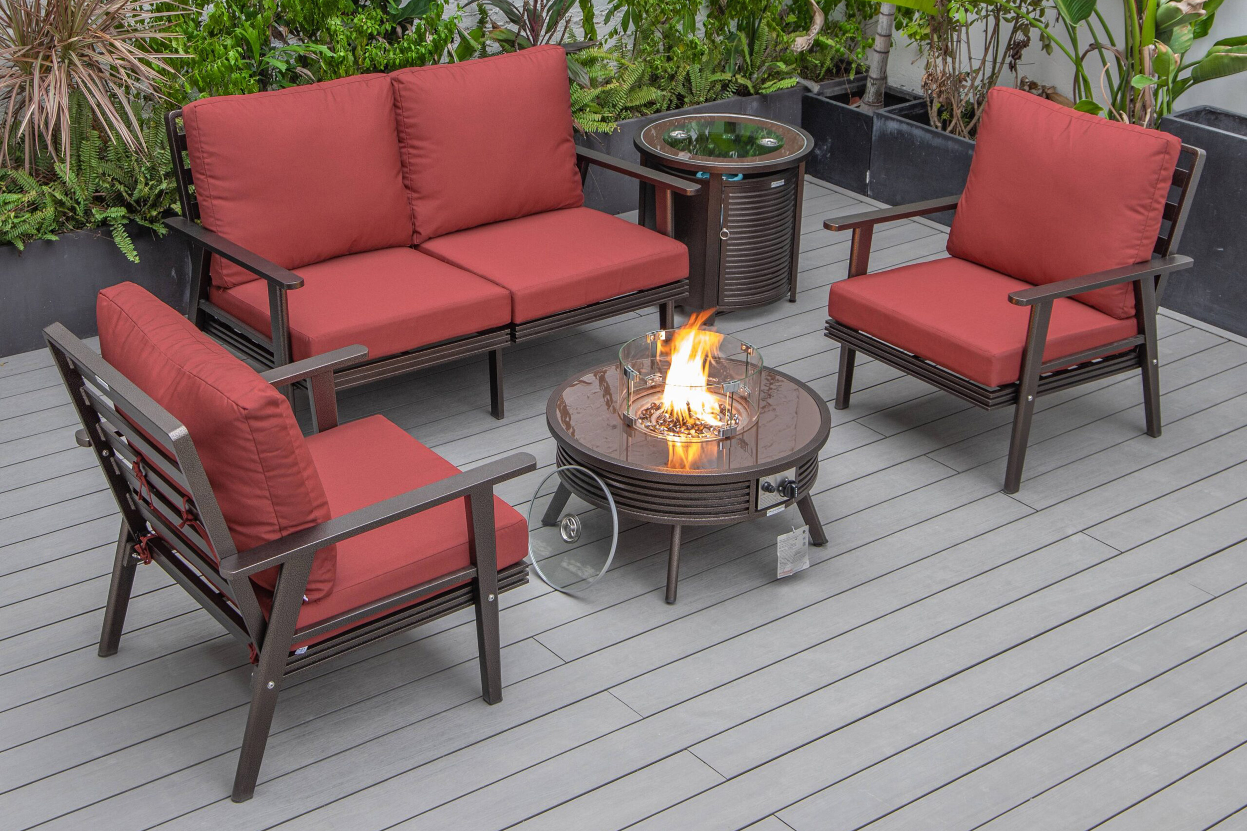 LeisureMod Walbrooke Modern Black Patio Conversation With Round Fire Pit With Slats Design & Tank Holder