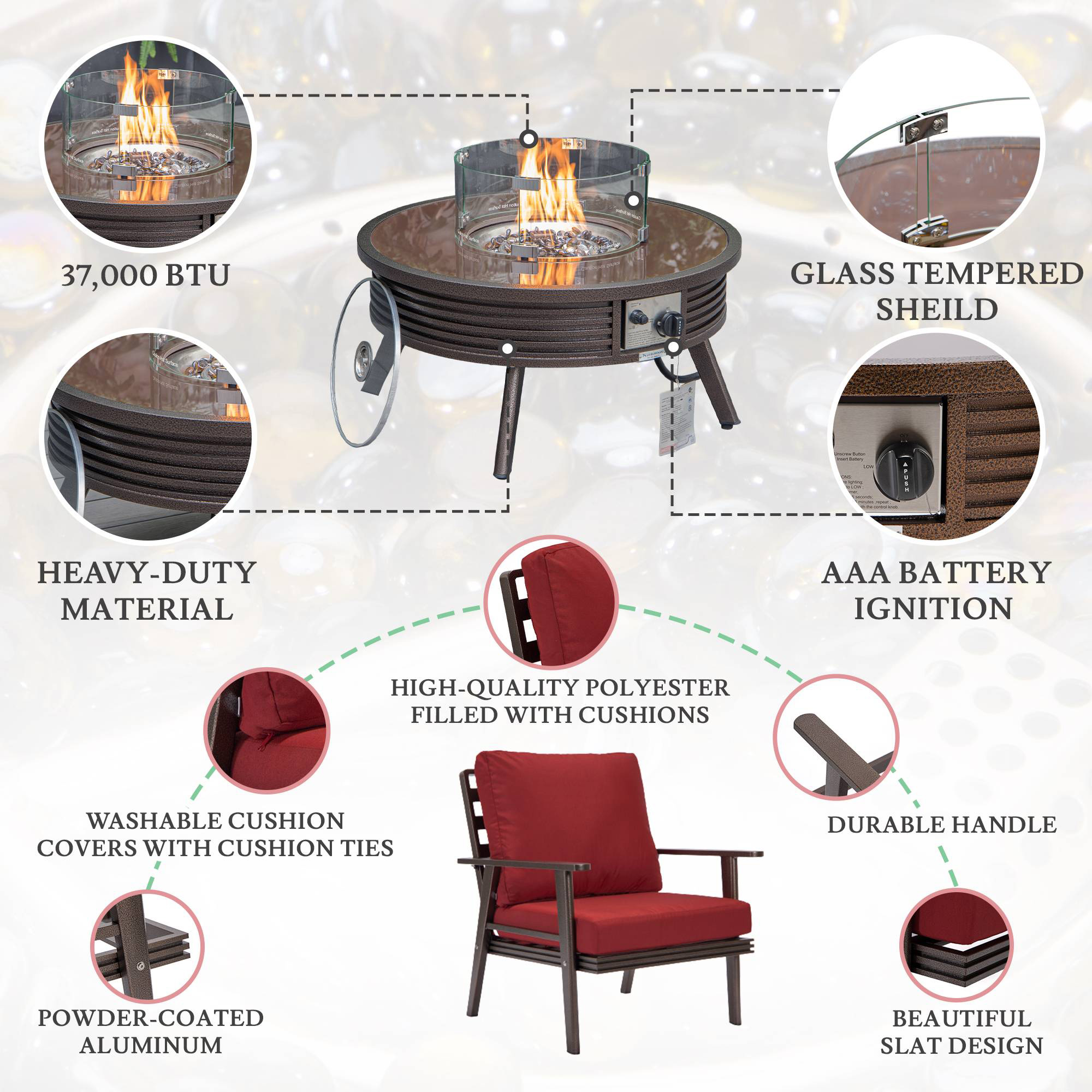 LeisureMod Walbrooke Modern Brown Patio Conversation With Round Fire Pit With Slats Design & Tank Holder - Red