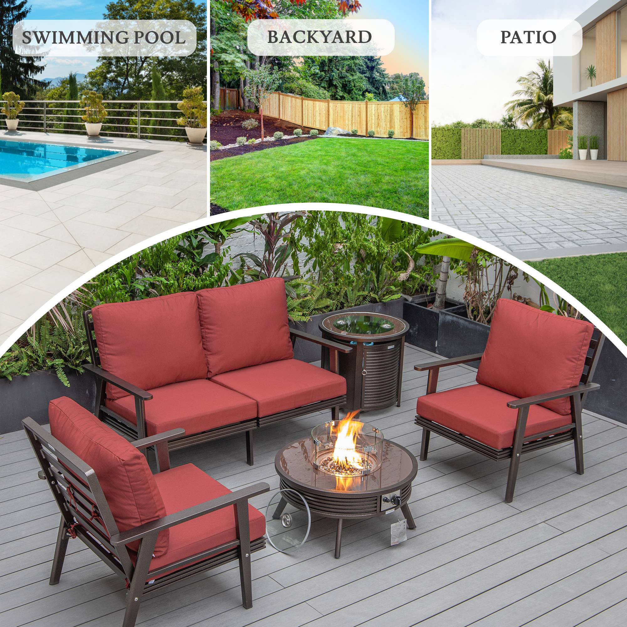 LeisureMod Walbrooke Modern Brown Patio Conversation With Round Fire Pit With Slats Design & Tank Holder - Red