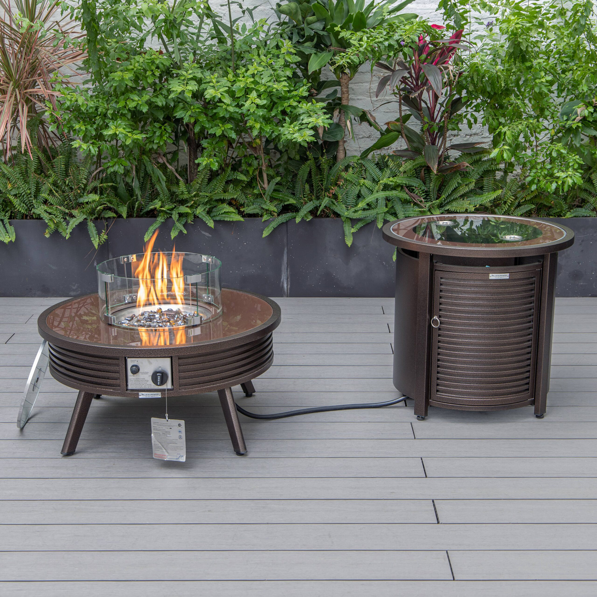 LeisureMod Walbrooke Outdoor Patio Round Fire Pit and Tank Holder with Slats Design