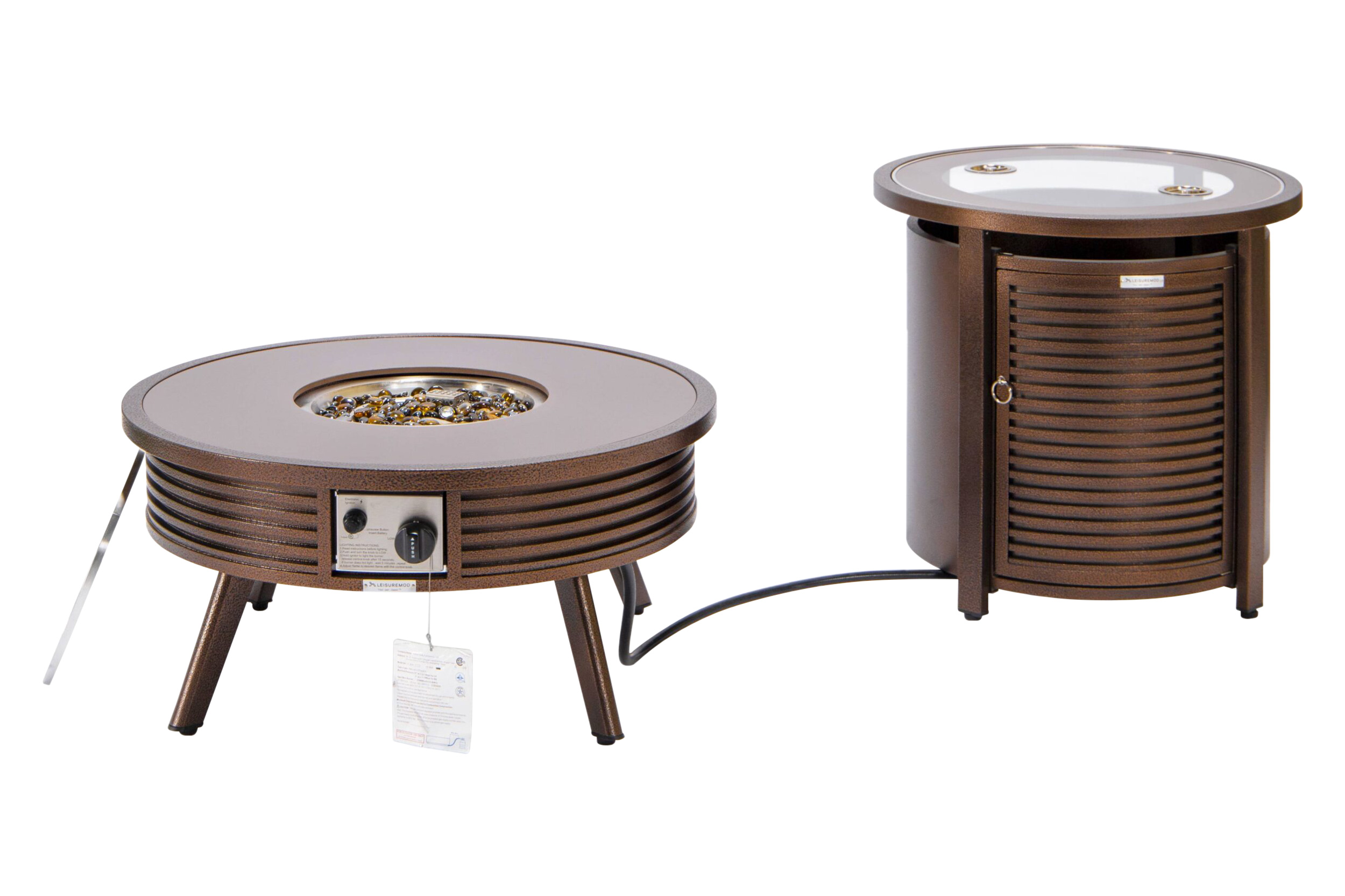 LeisureMod Walbrooke Outdoor Patio Round Fire Pit and Tank Holder with Slats Design - Brown