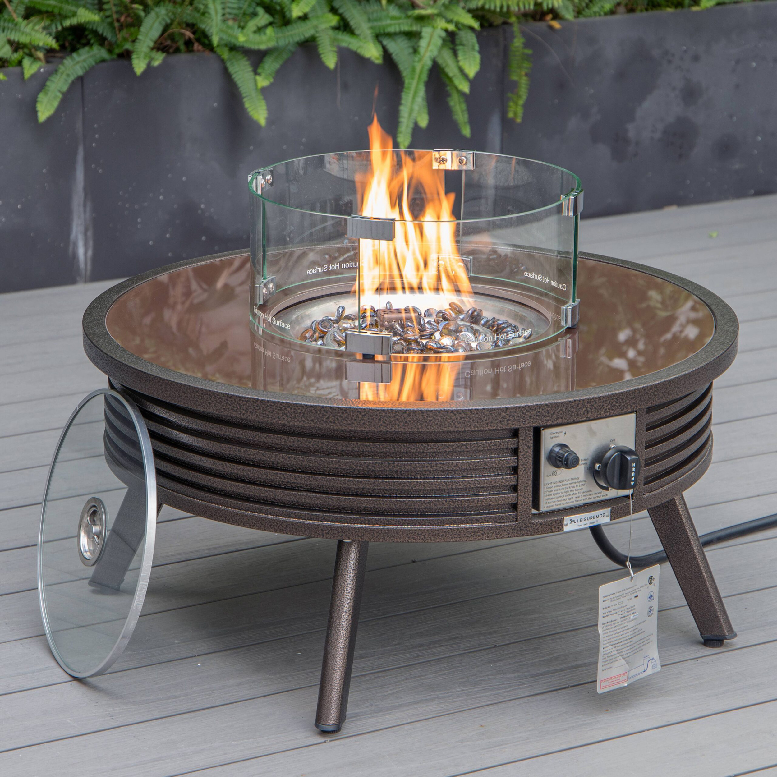 LeisureMod Walbrooke Outdoor Patio Round Fire Pit and Tank Holder with Slats Design - Brown