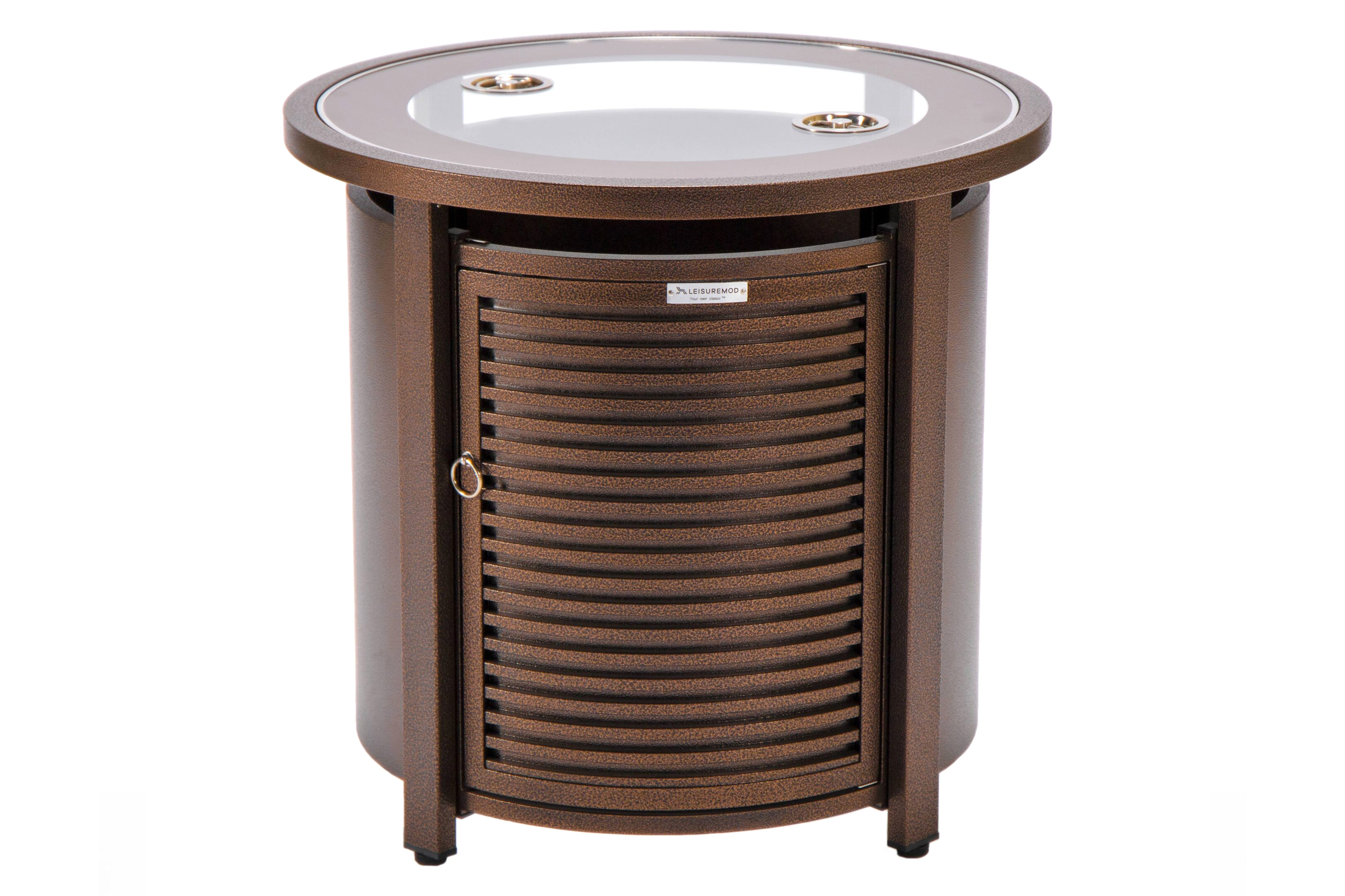 LeisureMod Walbrooke Outdoor Patio Round Fire Pit and Tank Holder with Slats Design - Brown