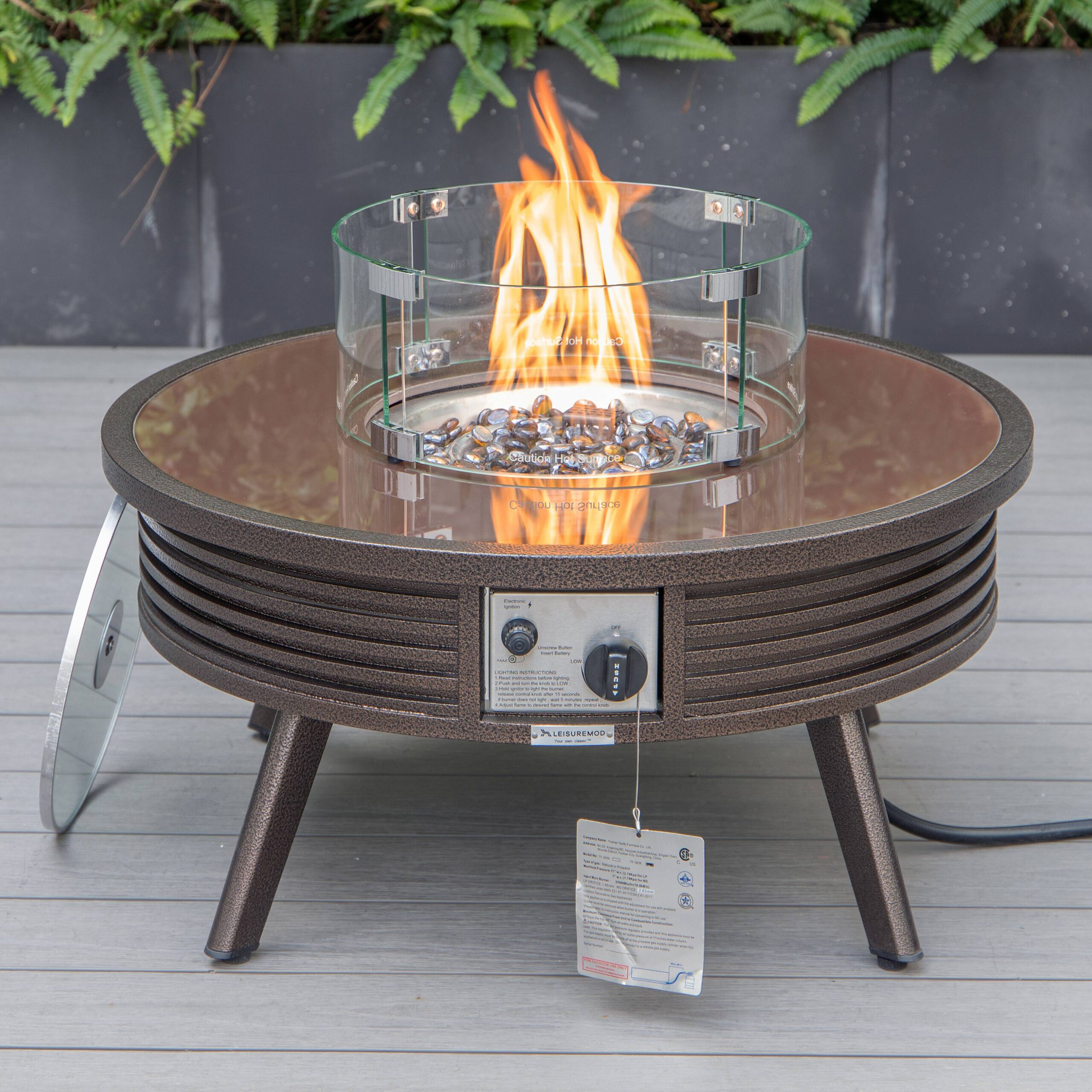 LeisureMod Walbrooke Modern Outdoor Round Fire Pit Table with Powder-Coated Aluminum Frame and Slats Design