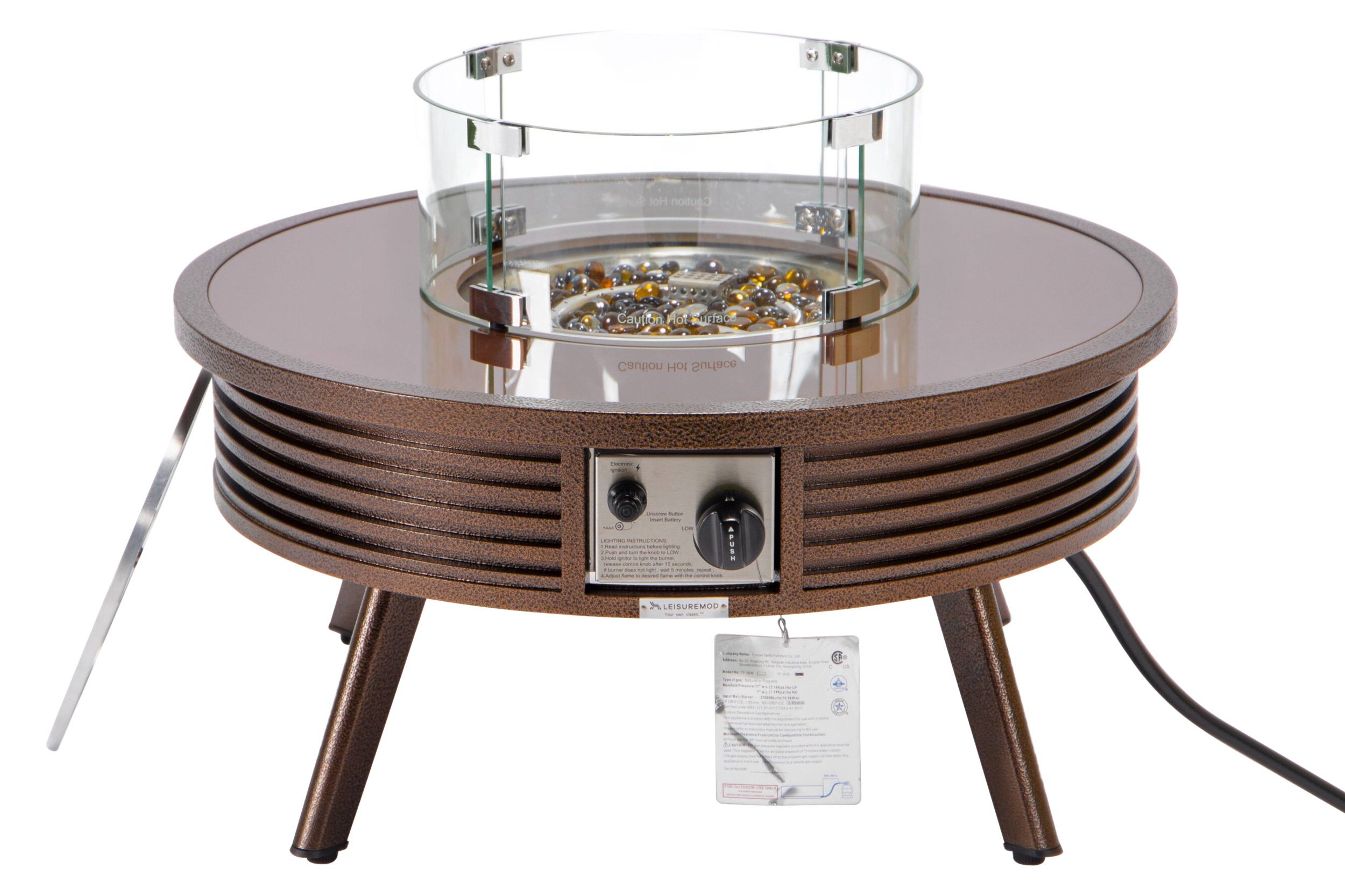 LeisureMod Walbrooke Modern Outdoor Round Fire Pit Table with Powder-Coated Aluminum Frame and Slats Design - Brown