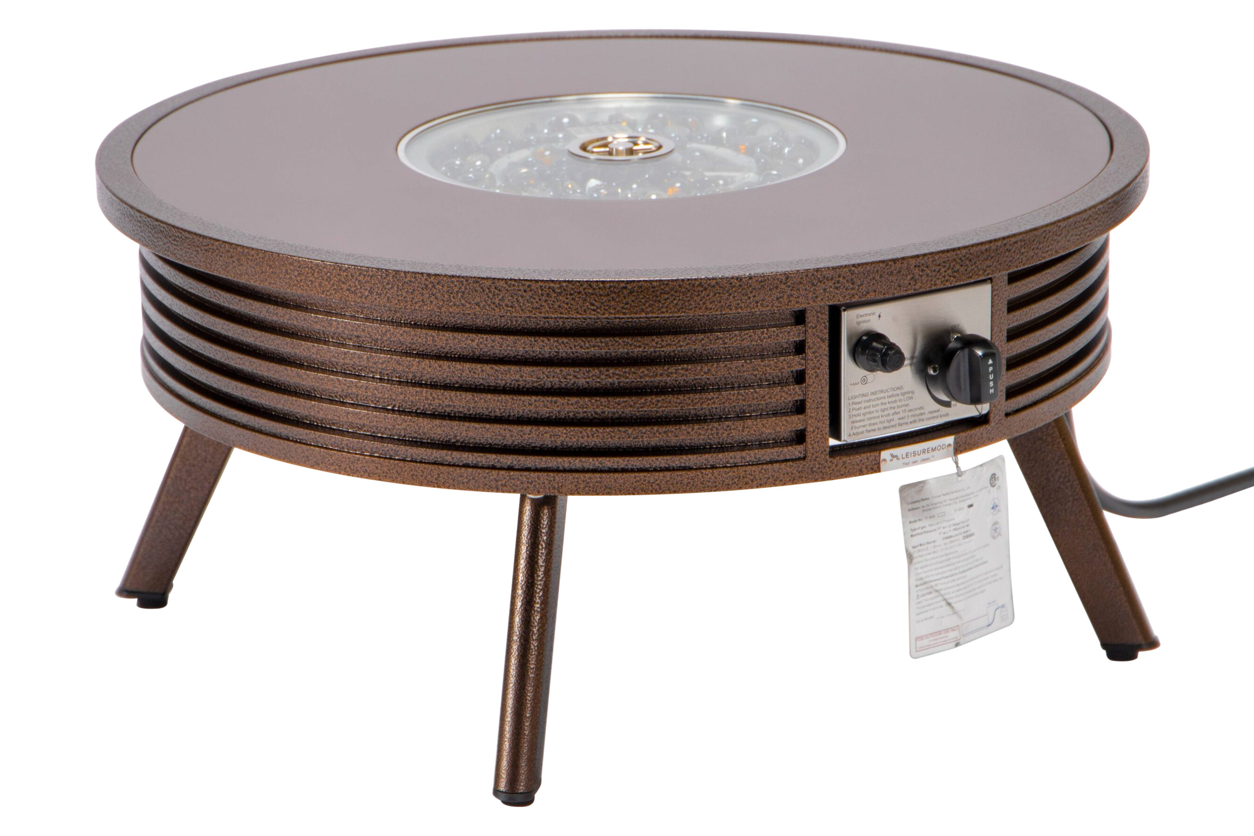 LeisureMod Walbrooke Modern Outdoor Round Fire Pit Table with Powder-Coated Aluminum Frame and Slats Design - Brown