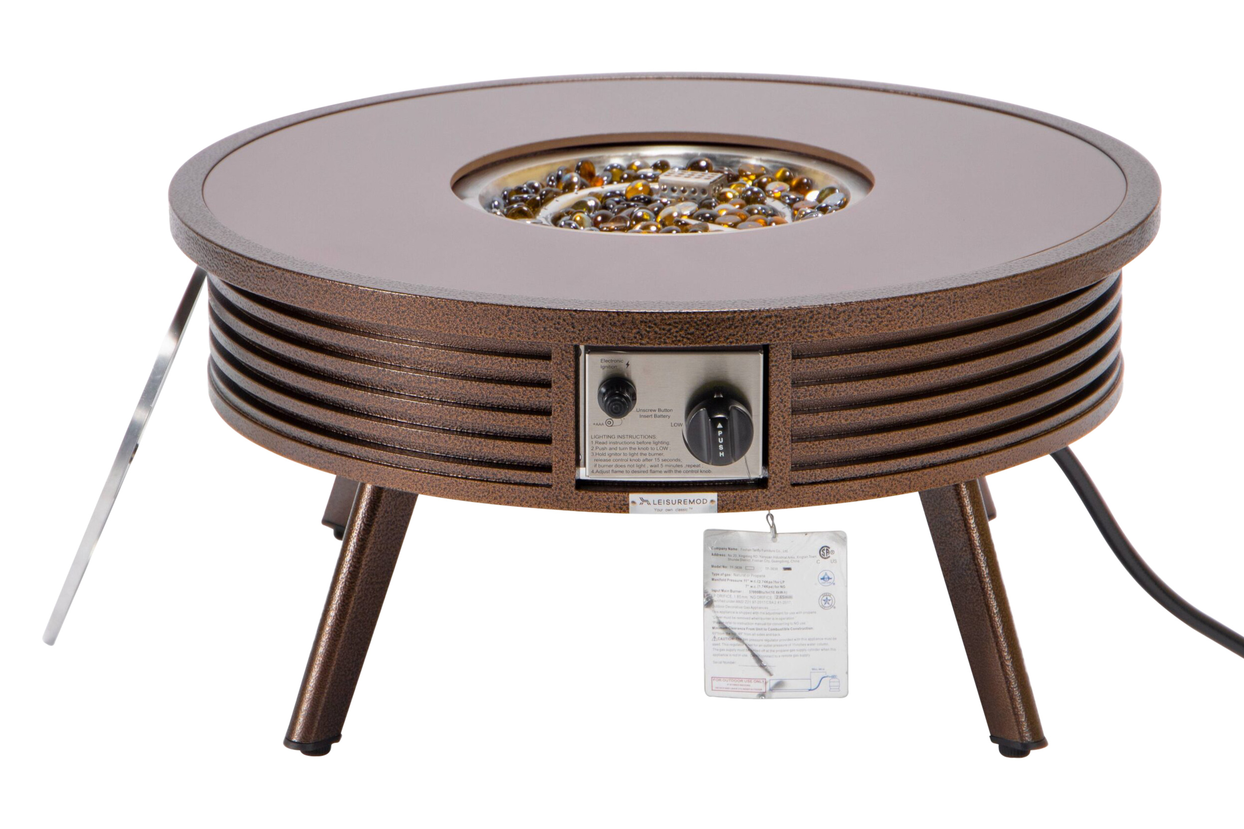 LeisureMod Walbrooke Modern Outdoor Round Fire Pit Table with Powder-Coated Aluminum Frame and Slats Design - Brown