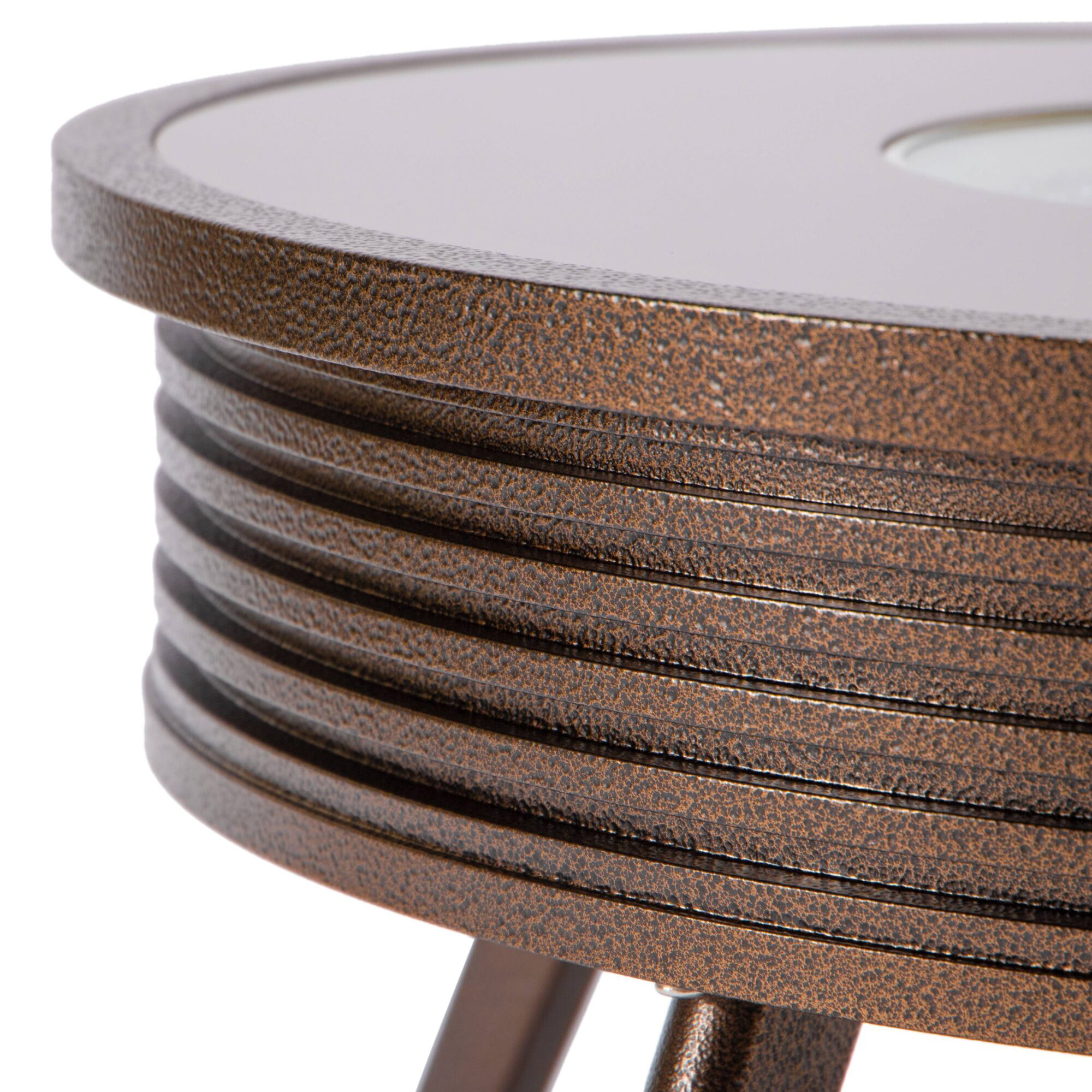 LeisureMod Walbrooke Modern Outdoor Round Fire Pit Table with Powder-Coated Aluminum Frame and Slats Design - Brown