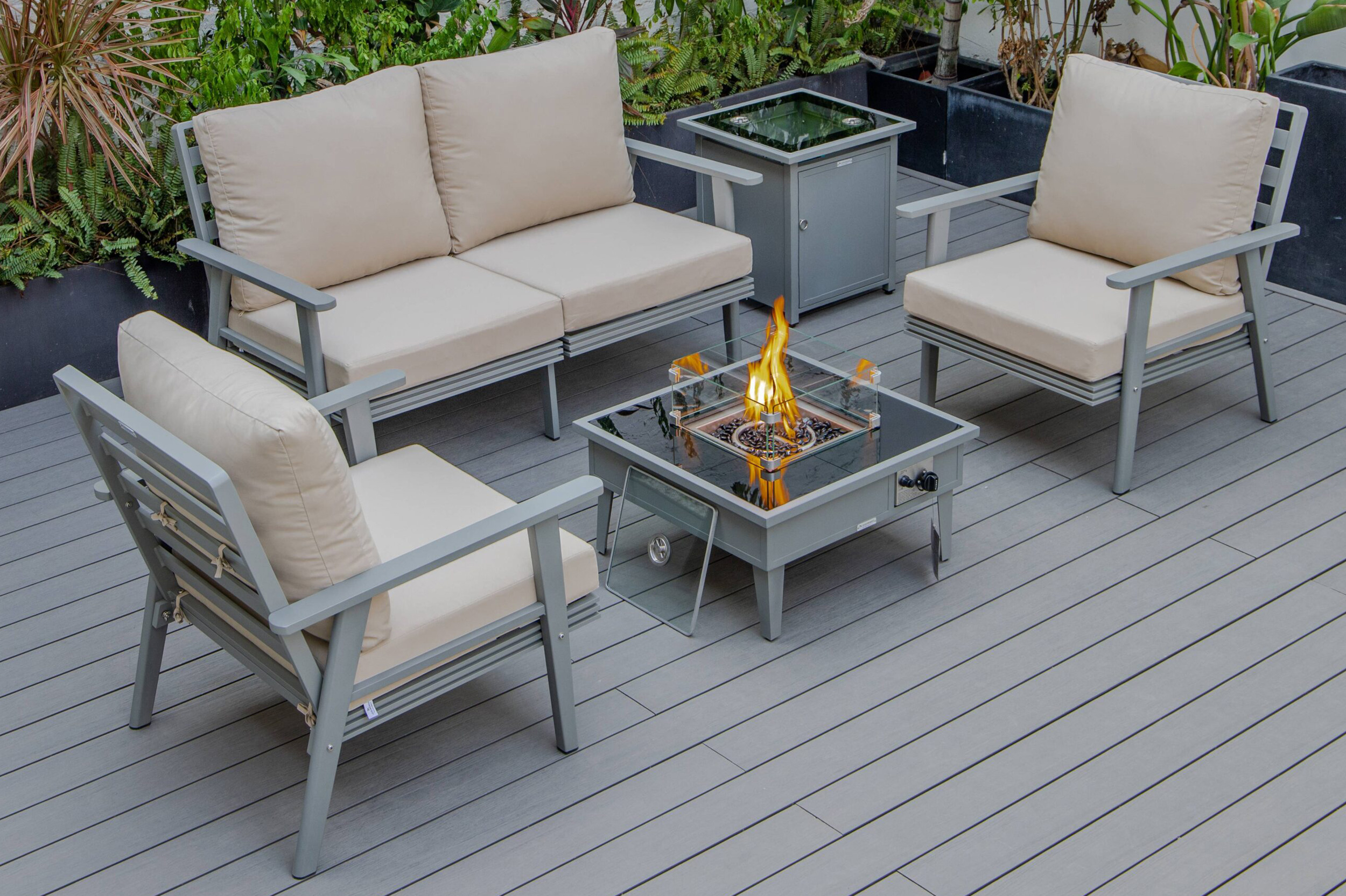 LeisureMod Walbrooke Modern Black Patio Conversation With Square Fire Pit & Tank Holder