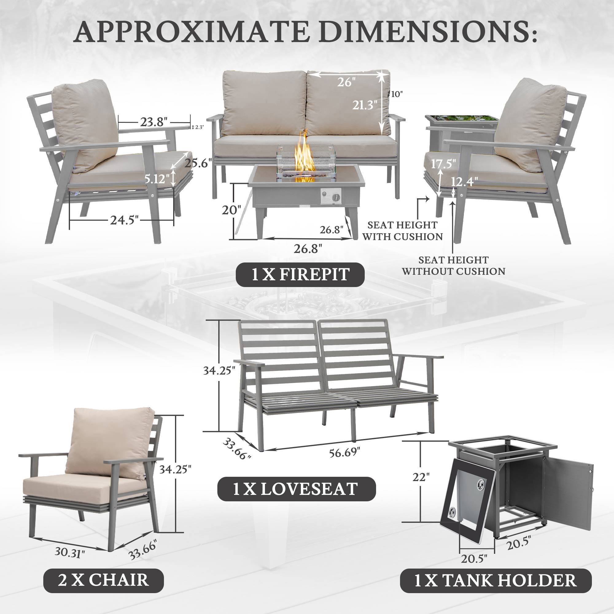 LeisureMod Walbrooke Modern Gray Patio Conversation With Square Fire Pit & Tank Holder - Beige