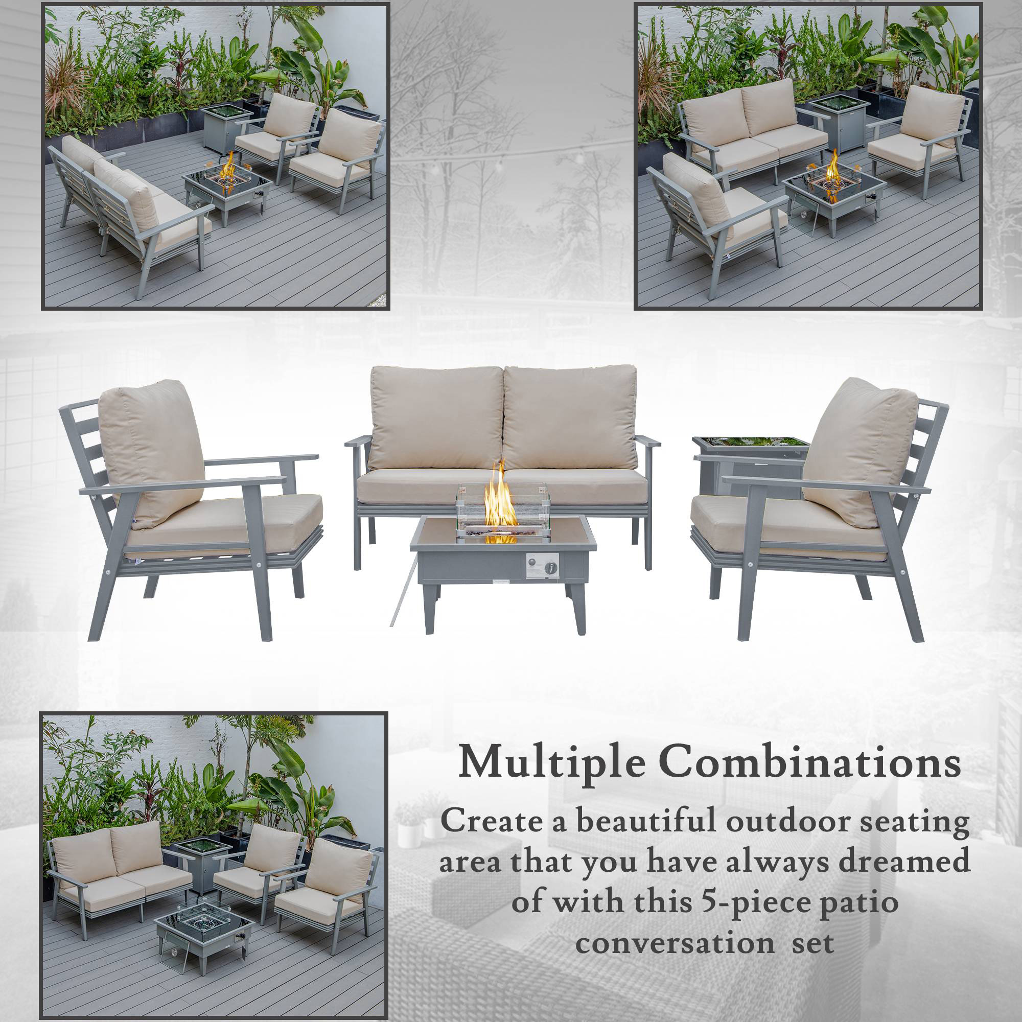 LeisureMod Walbrooke Modern Gray Patio Conversation With Square Fire Pit & Tank Holder - Beige