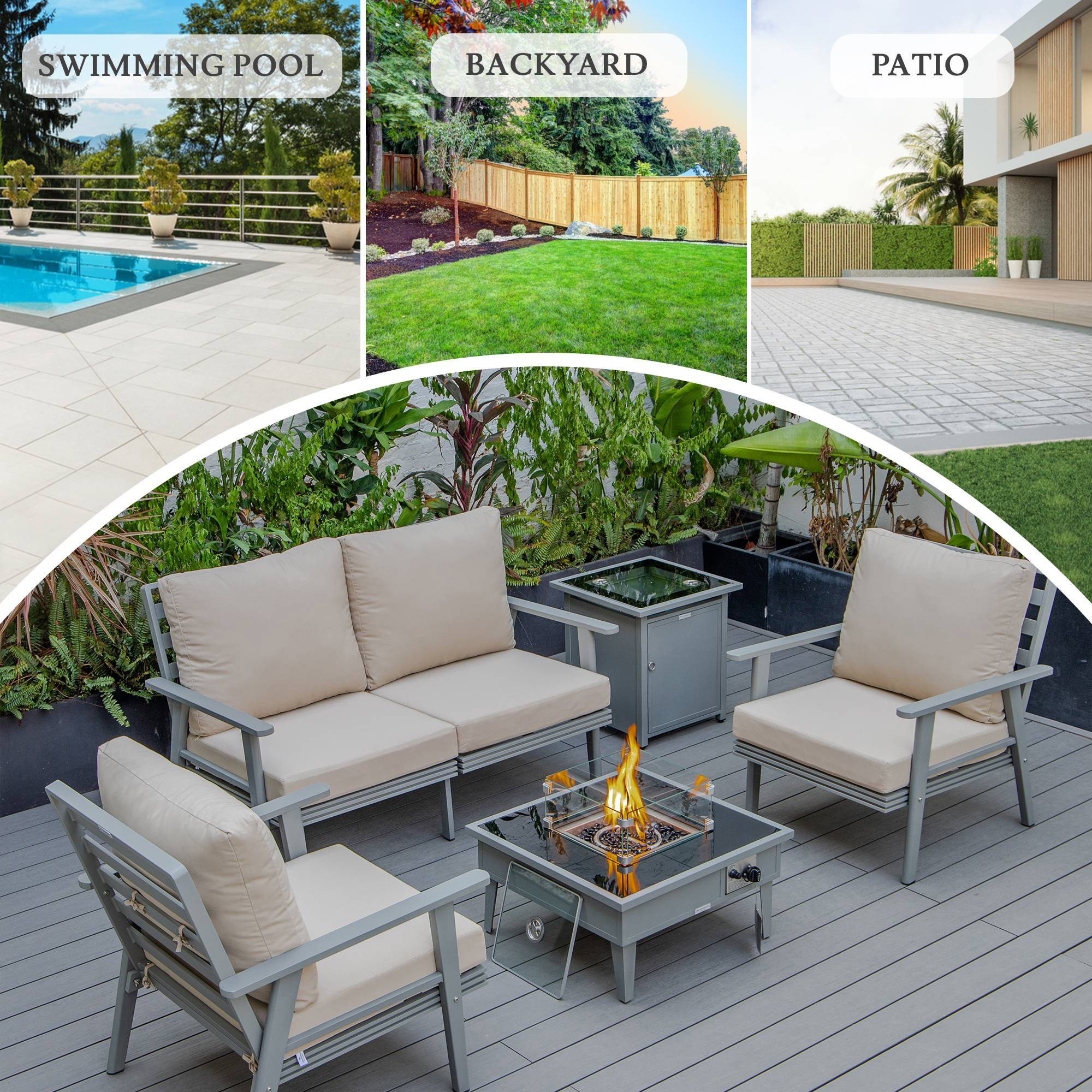 LeisureMod Walbrooke Modern Gray Patio Conversation With Square Fire Pit & Tank Holder - Beige