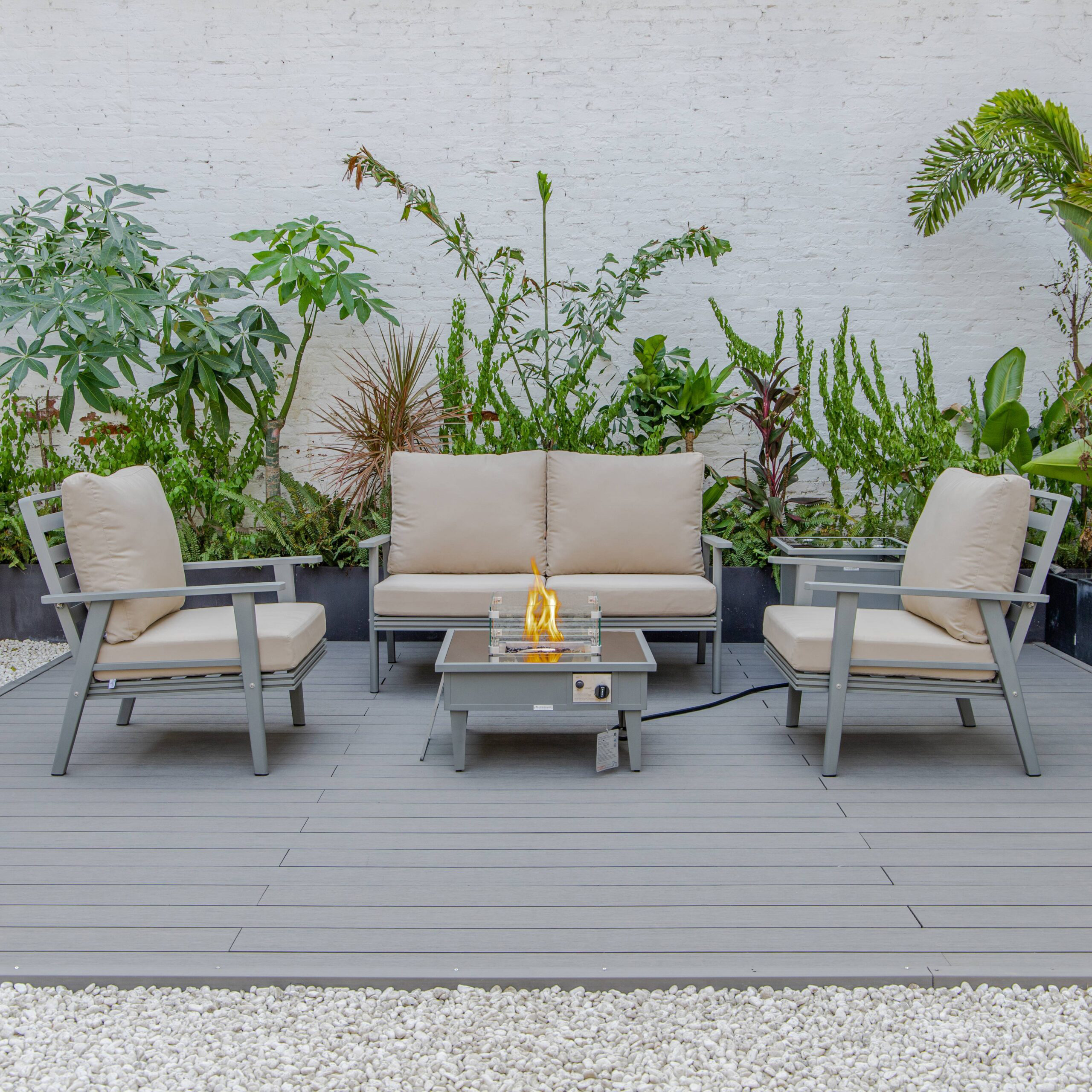 LeisureMod Walbrooke Modern Gray Patio Conversation With Square Fire Pit & Tank Holder - Beige