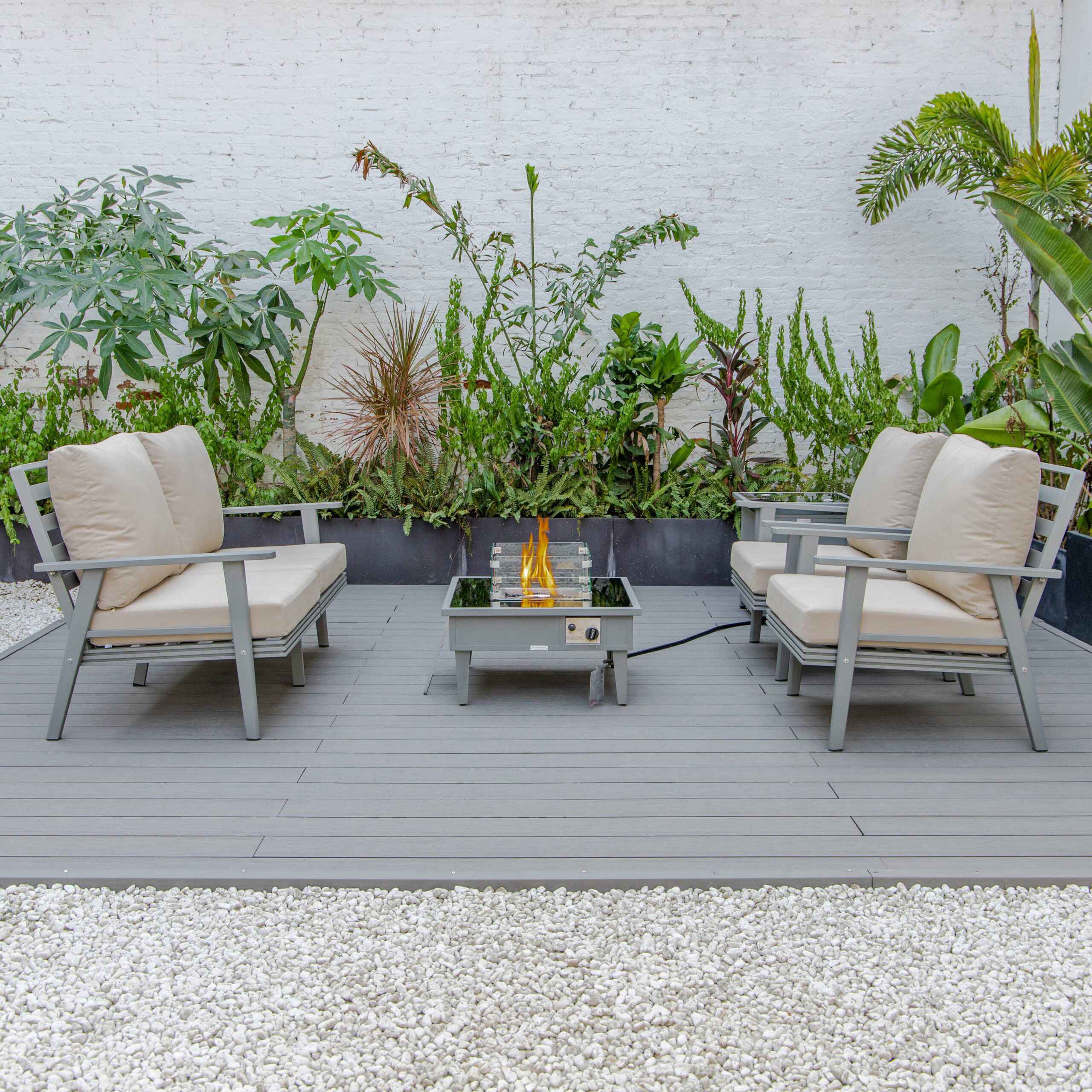 LeisureMod Walbrooke Modern Gray Patio Conversation With Square Fire Pit & Tank Holder - Beige