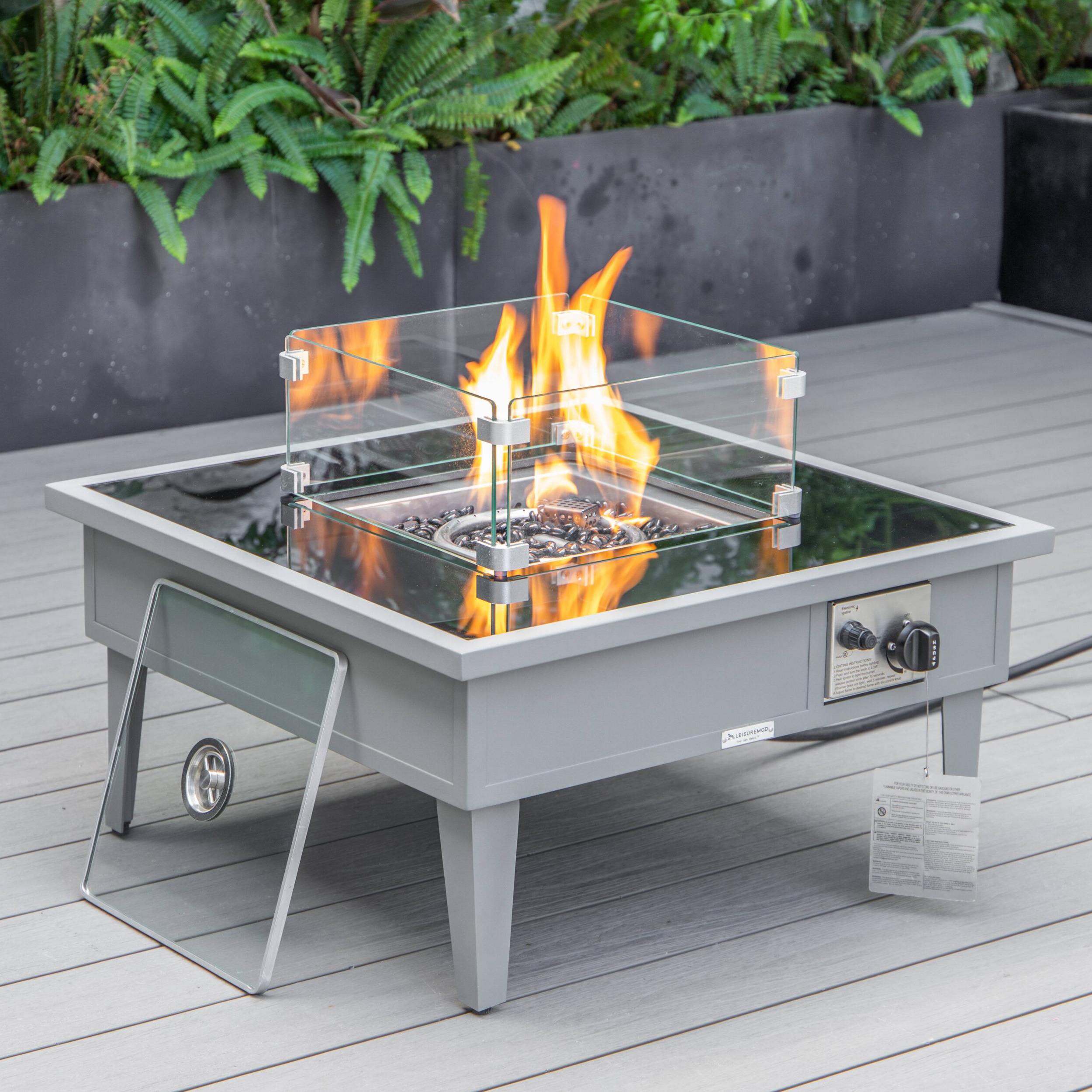 LeisureMod Walbrooke Modern Gray Patio Conversation With Square Fire Pit & Tank Holder - Beige