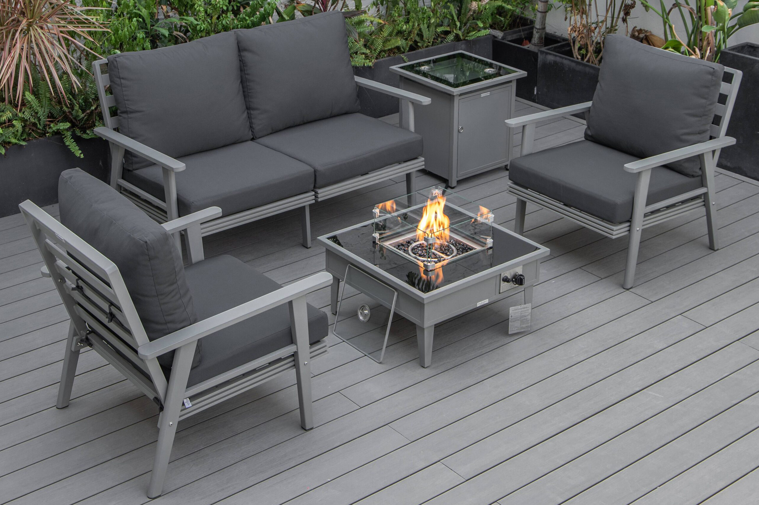 LeisureMod Walbrooke Modern Black Patio Conversation With Square Fire Pit & Tank Holder