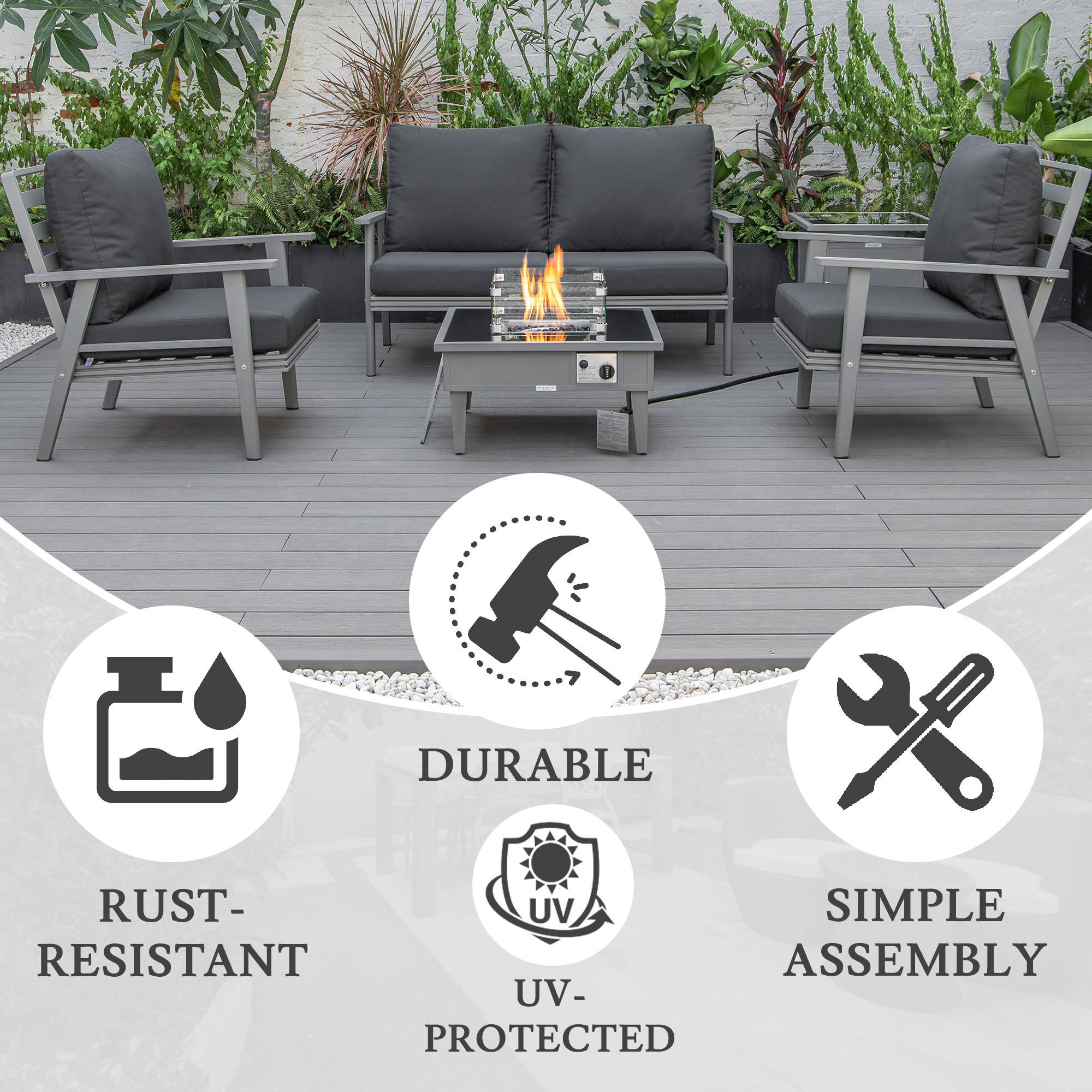 LeisureMod Walbrooke Modern Gray Patio Conversation With Square Fire Pit & Tank Holder - Charcoal