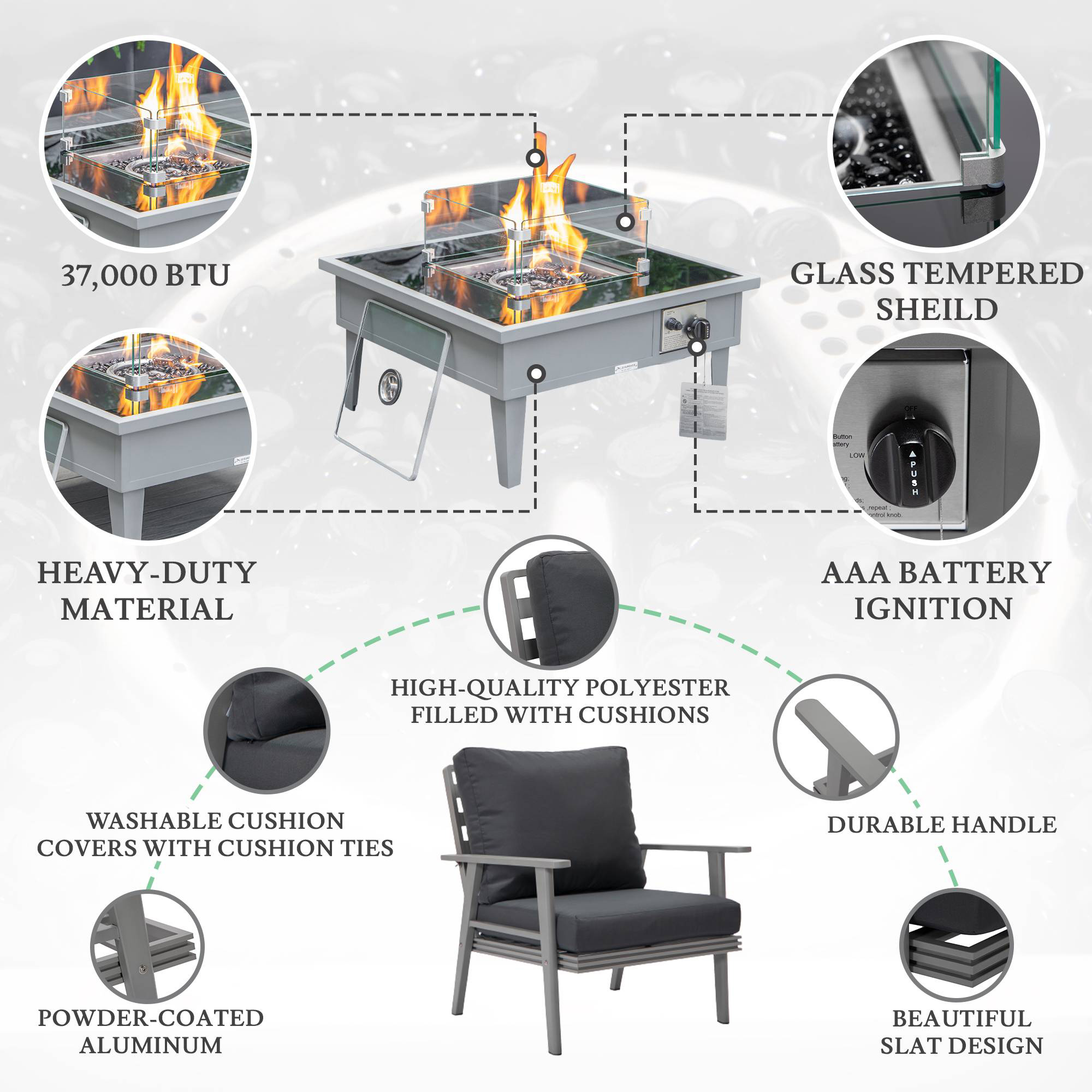 LeisureMod Walbrooke Modern Gray Patio Conversation With Square Fire Pit & Tank Holder - Charcoal