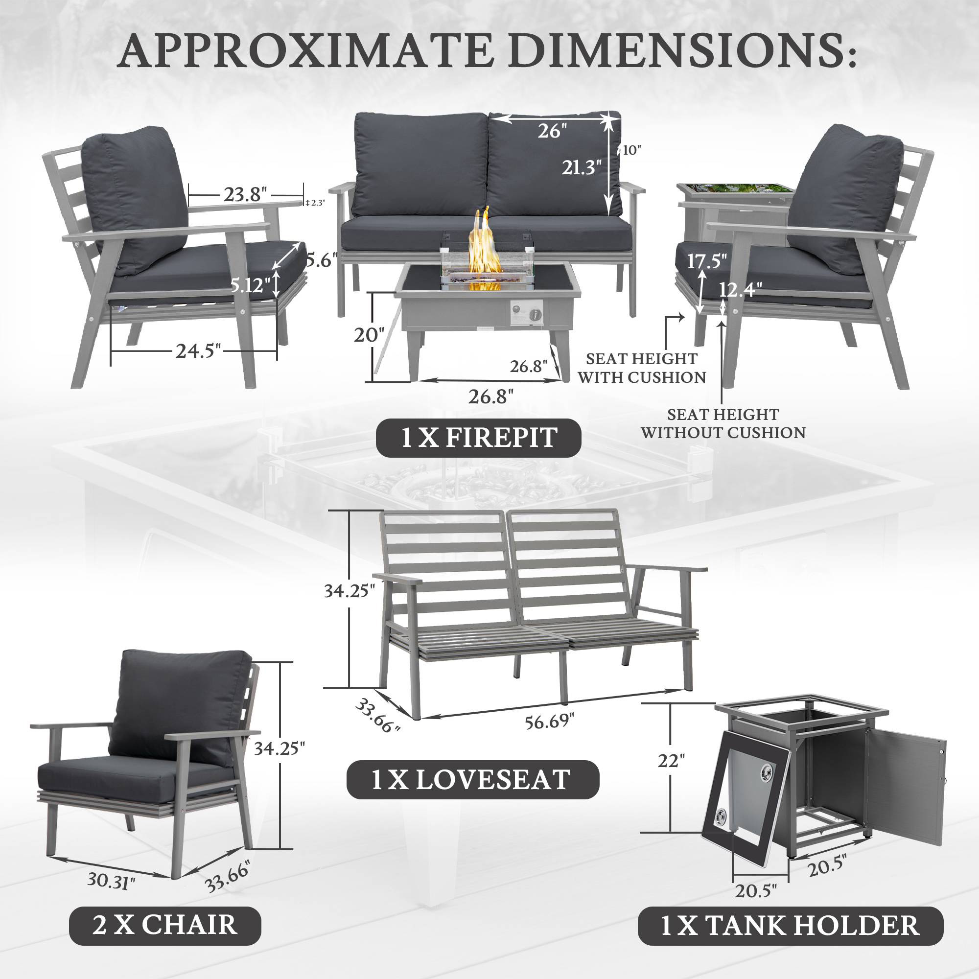 LeisureMod Walbrooke Modern Gray Patio Conversation With Square Fire Pit & Tank Holder - Charcoal