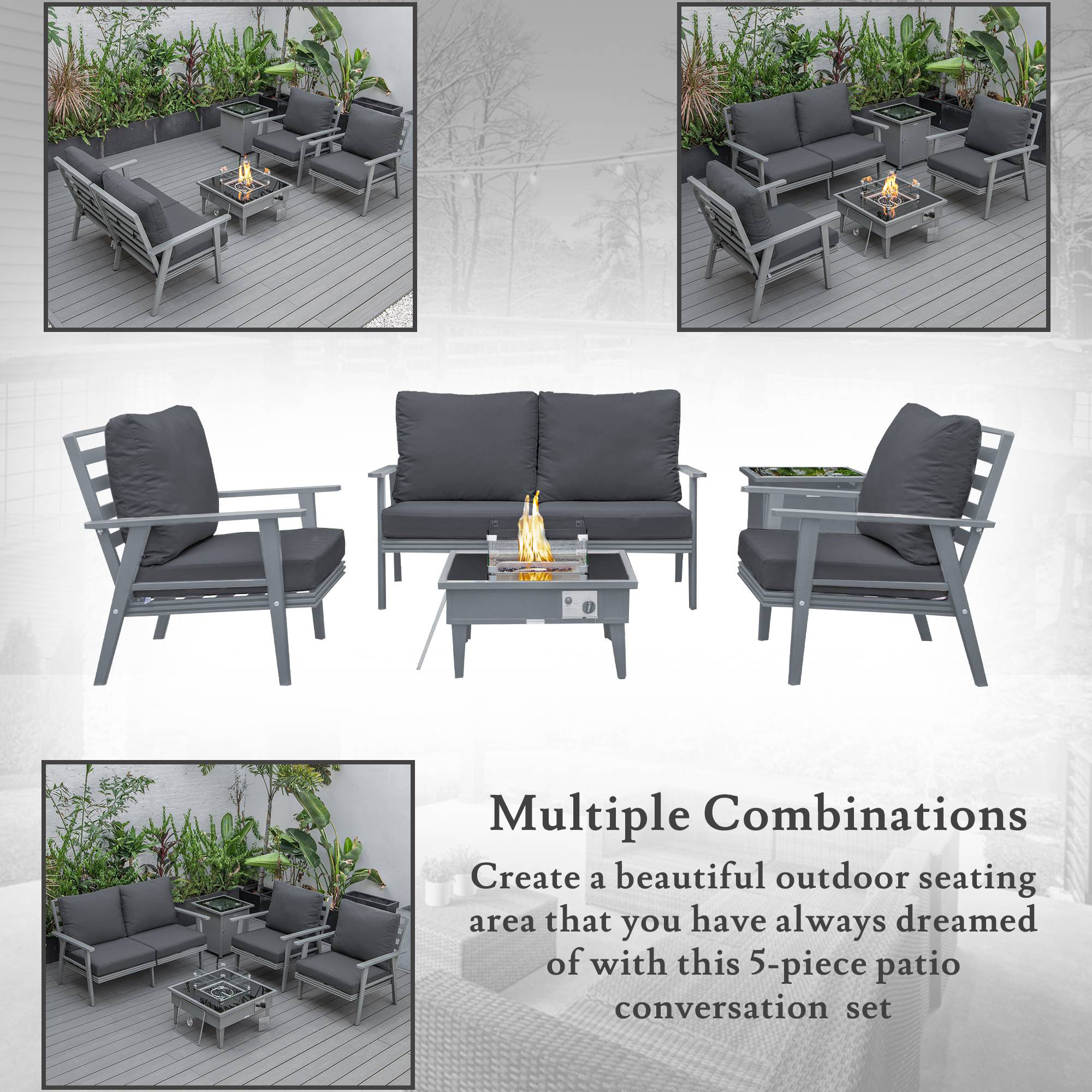 LeisureMod Walbrooke Modern Gray Patio Conversation With Square Fire Pit & Tank Holder - Charcoal