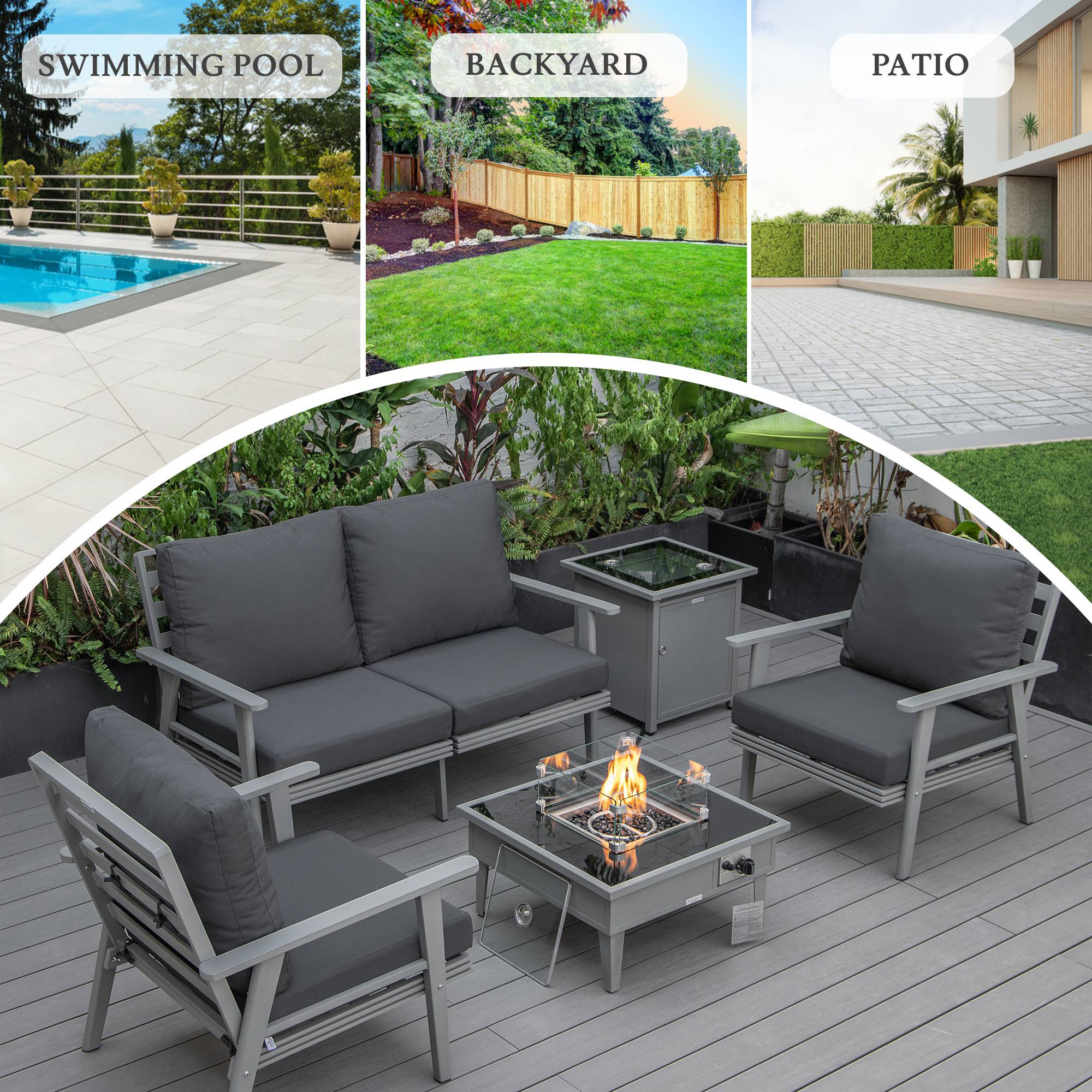 LeisureMod Walbrooke Modern Gray Patio Conversation With Square Fire Pit & Tank Holder - Charcoal