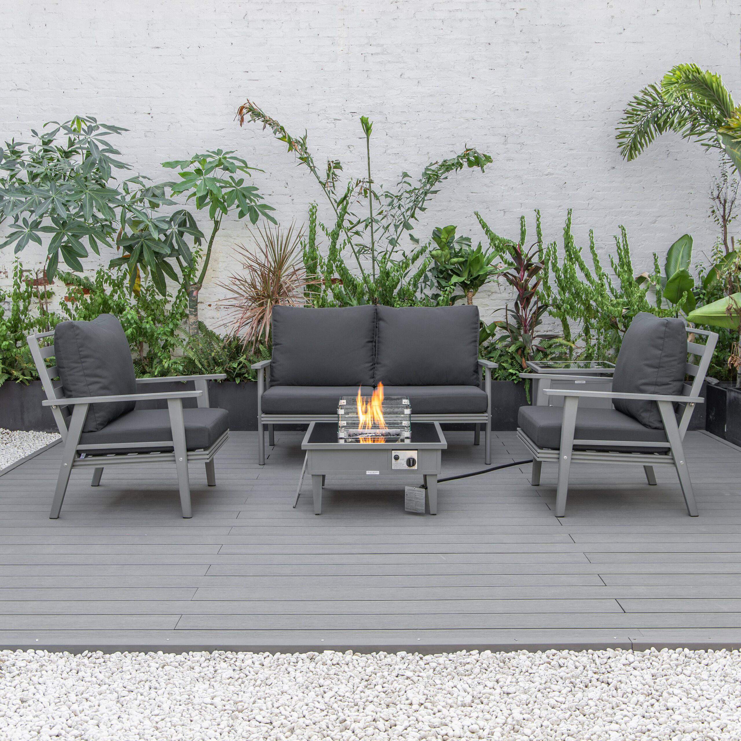 LeisureMod Walbrooke Modern Gray Patio Conversation With Square Fire Pit & Tank Holder - Charcoal