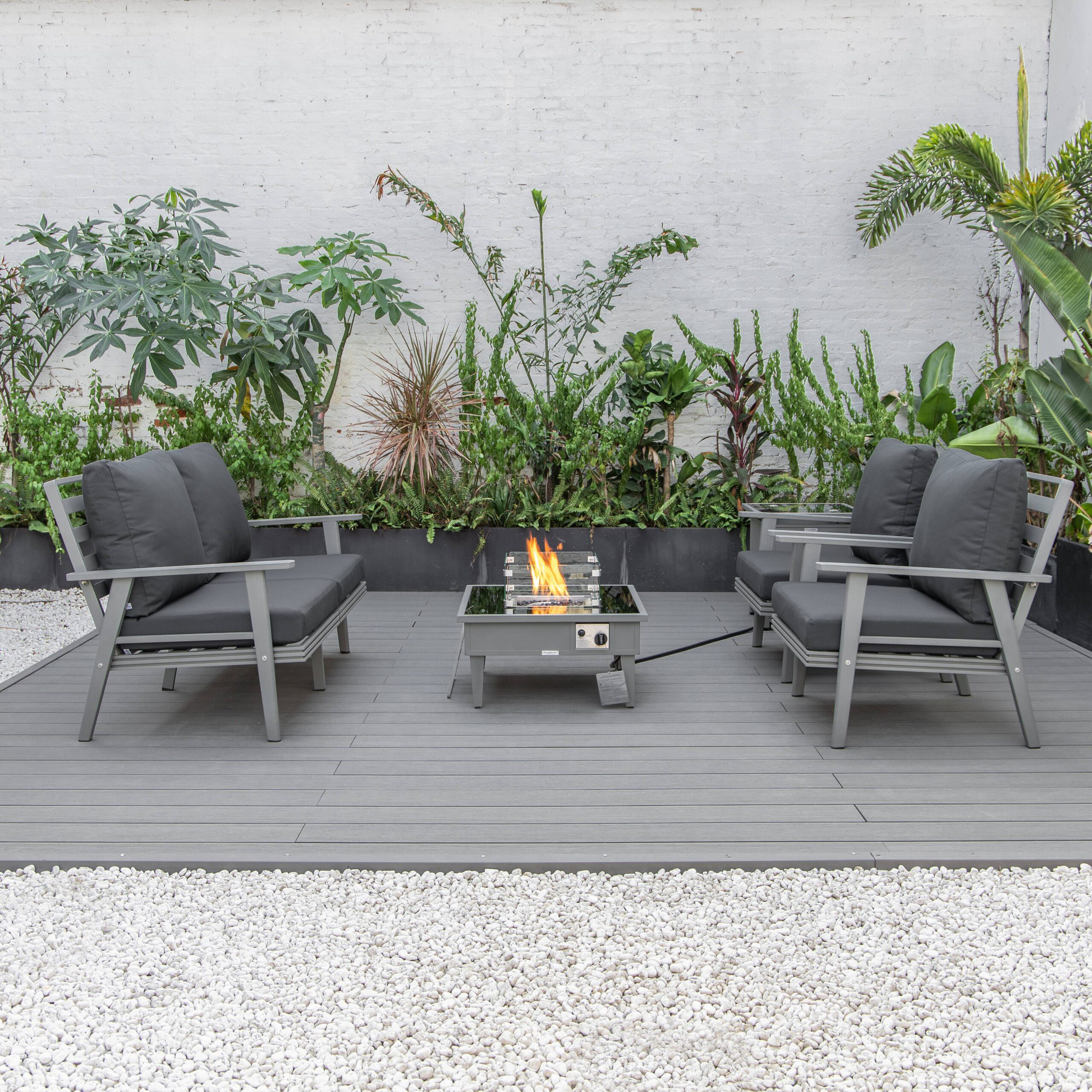 LeisureMod Walbrooke Modern Gray Patio Conversation With Square Fire Pit & Tank Holder - Charcoal