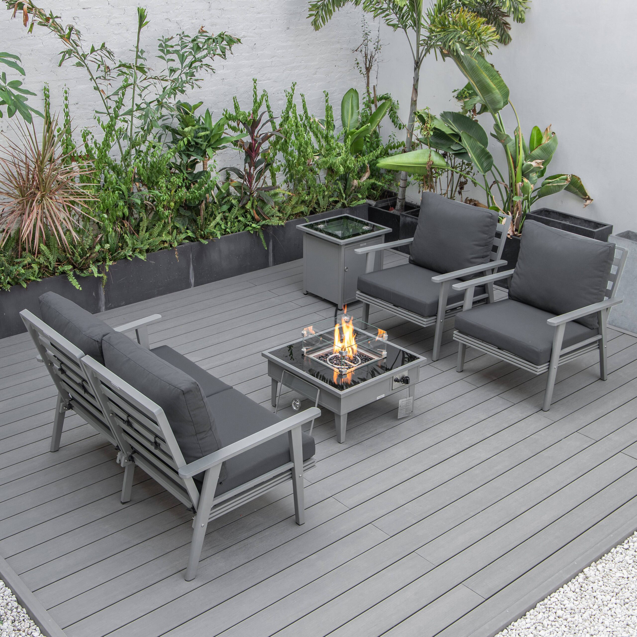 LeisureMod Walbrooke Modern Gray Patio Conversation With Square Fire Pit & Tank Holder - Charcoal