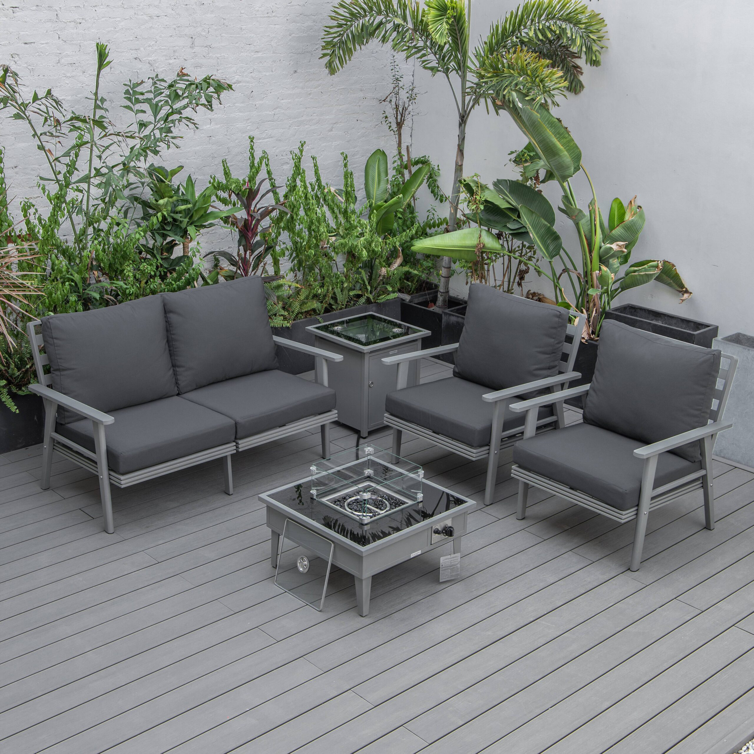 LeisureMod Walbrooke Modern Gray Patio Conversation With Square Fire Pit & Tank Holder - Charcoal