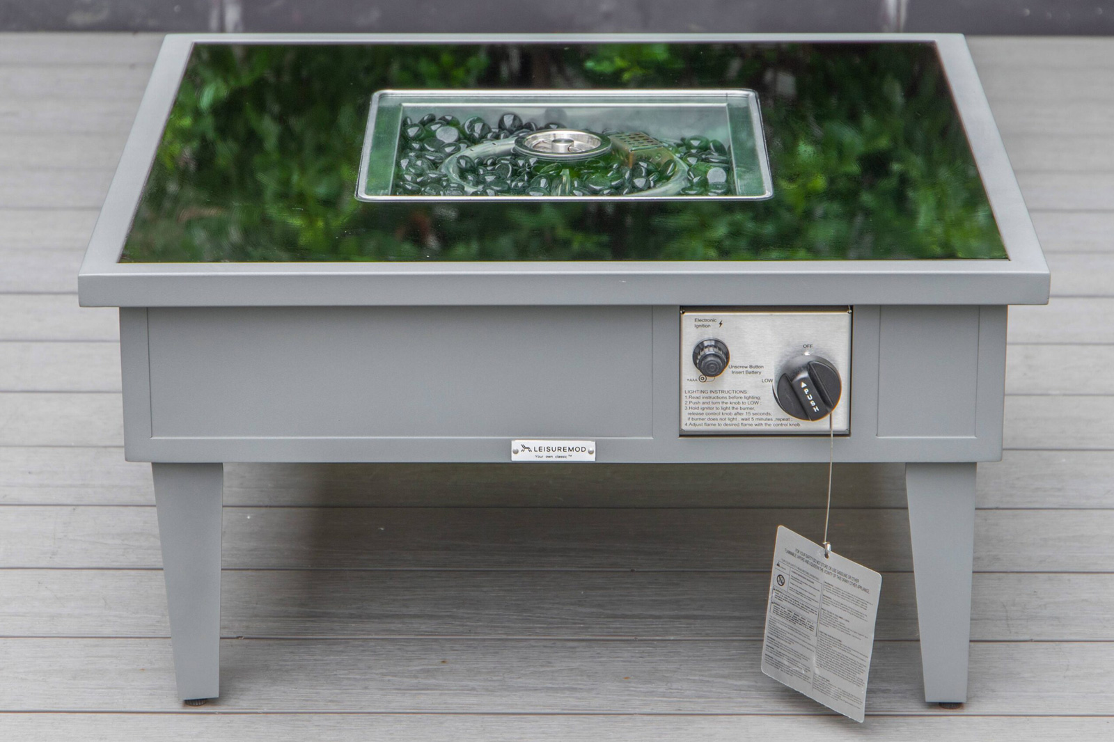 LeisureMod Walbrooke Modern Gray Patio Conversation With Square Fire Pit & Tank Holder - Charcoal