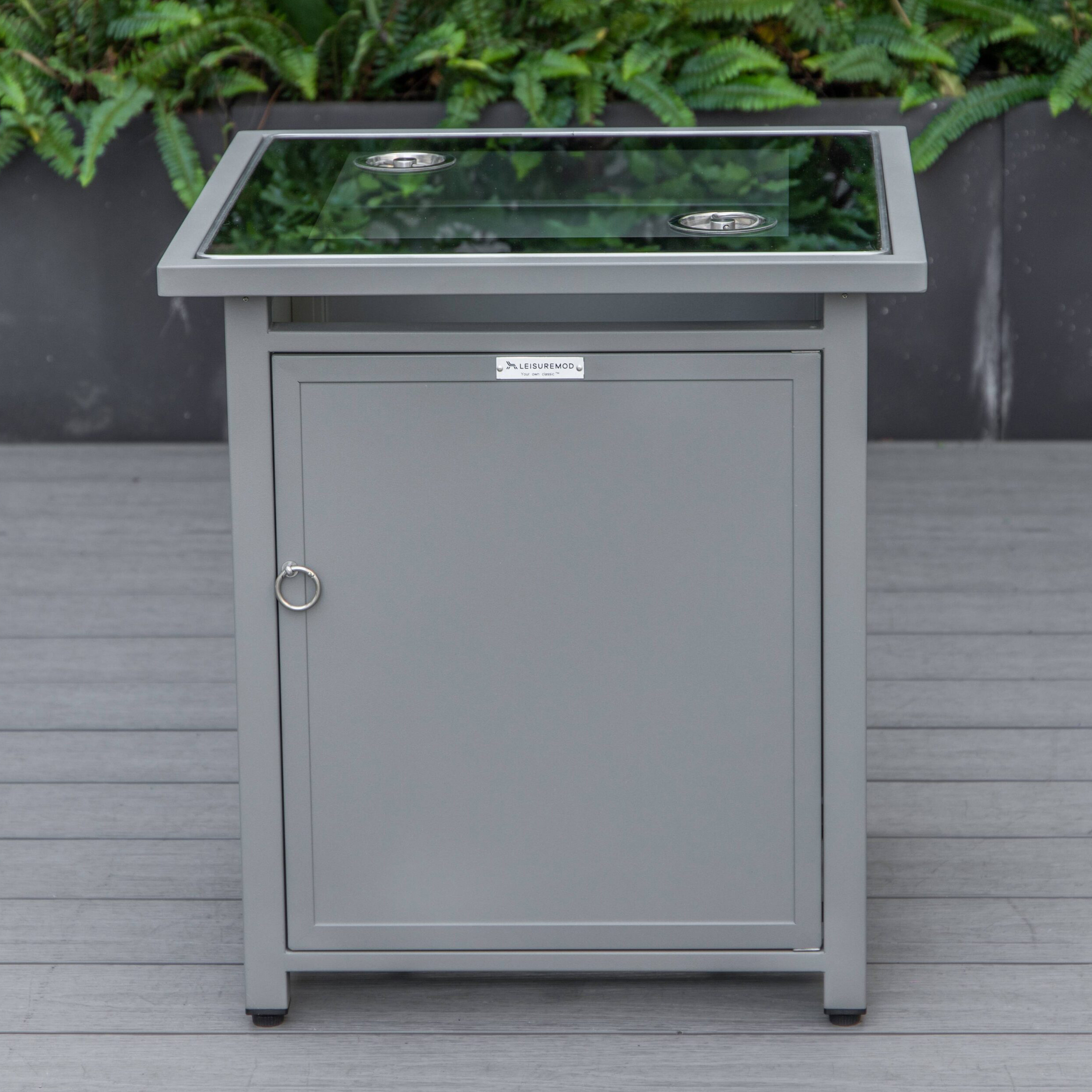 LeisureMod Walbrooke Modern Gray Patio Conversation With Square Fire Pit & Tank Holder - Charcoal