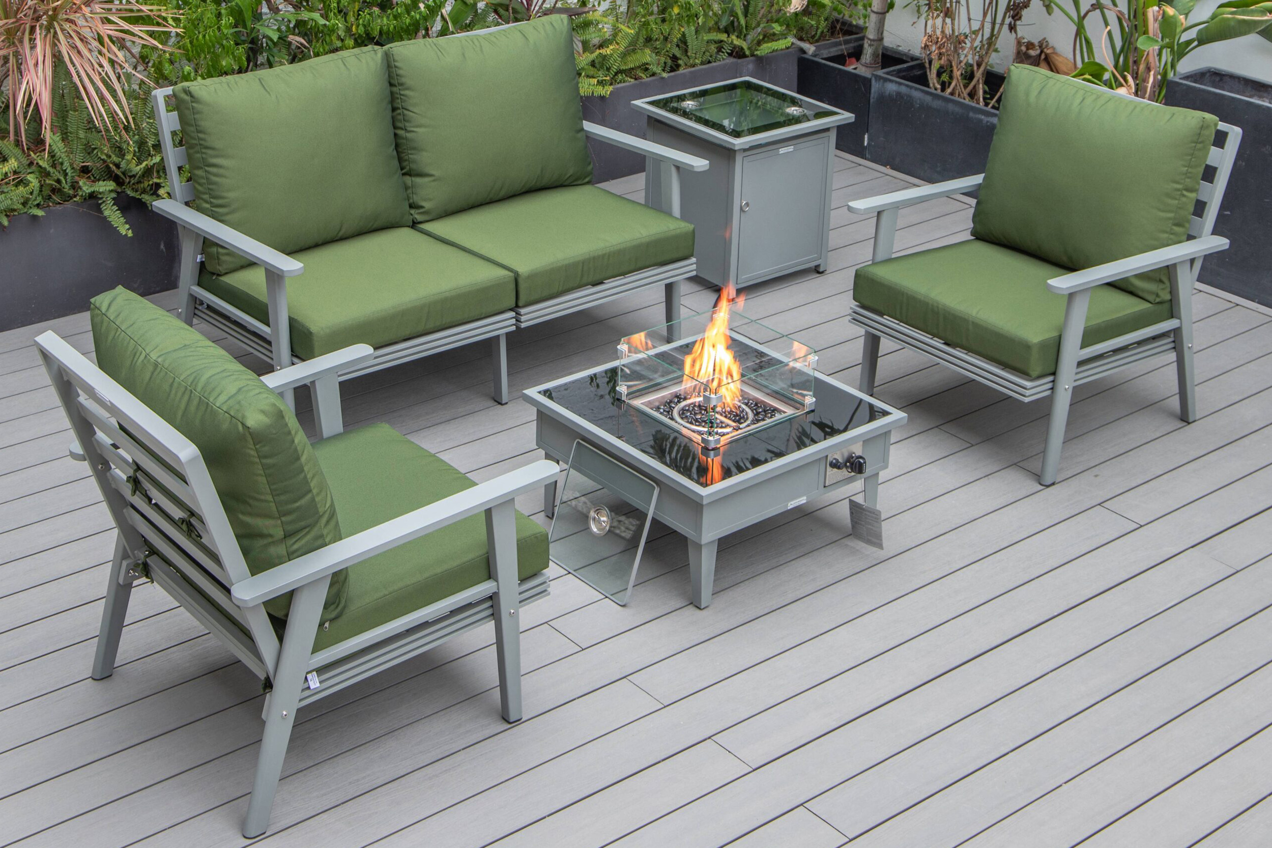 LeisureMod Walbrooke Modern Black Patio Conversation With Square Fire Pit & Tank Holder