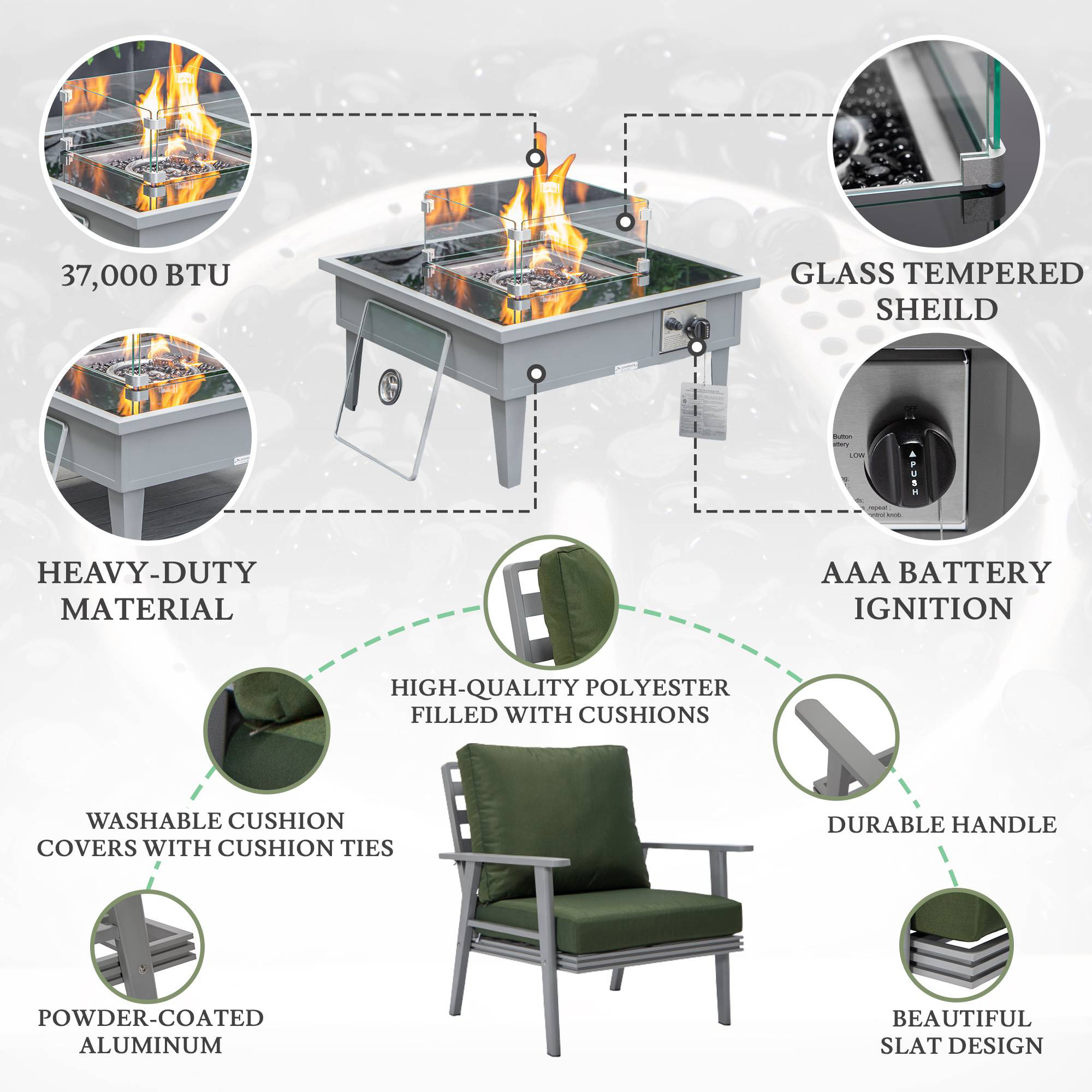 LeisureMod Walbrooke Modern Gray Patio Conversation With Square Fire Pit & Tank Holder - Green