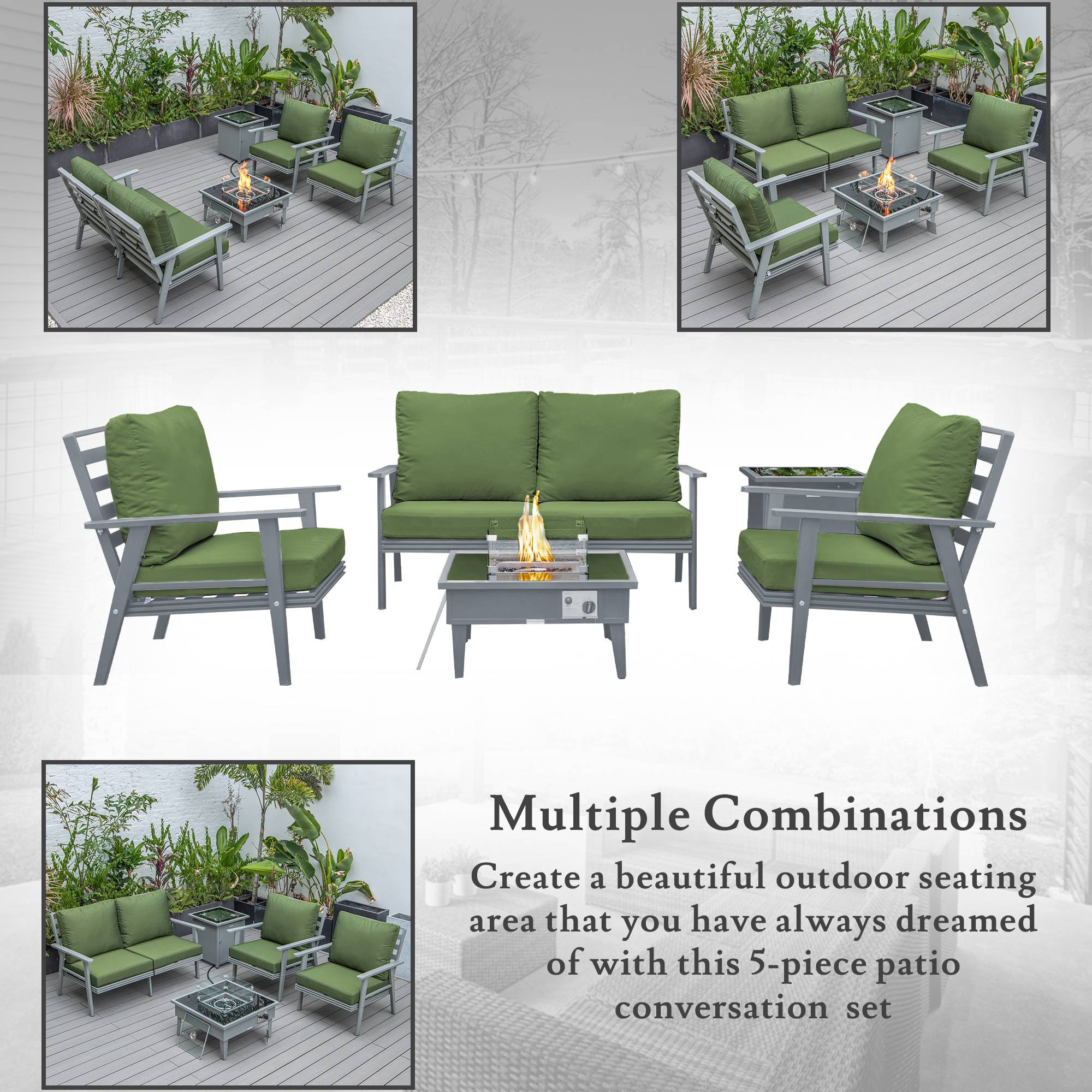 LeisureMod Walbrooke Modern Gray Patio Conversation With Square Fire Pit & Tank Holder - Green