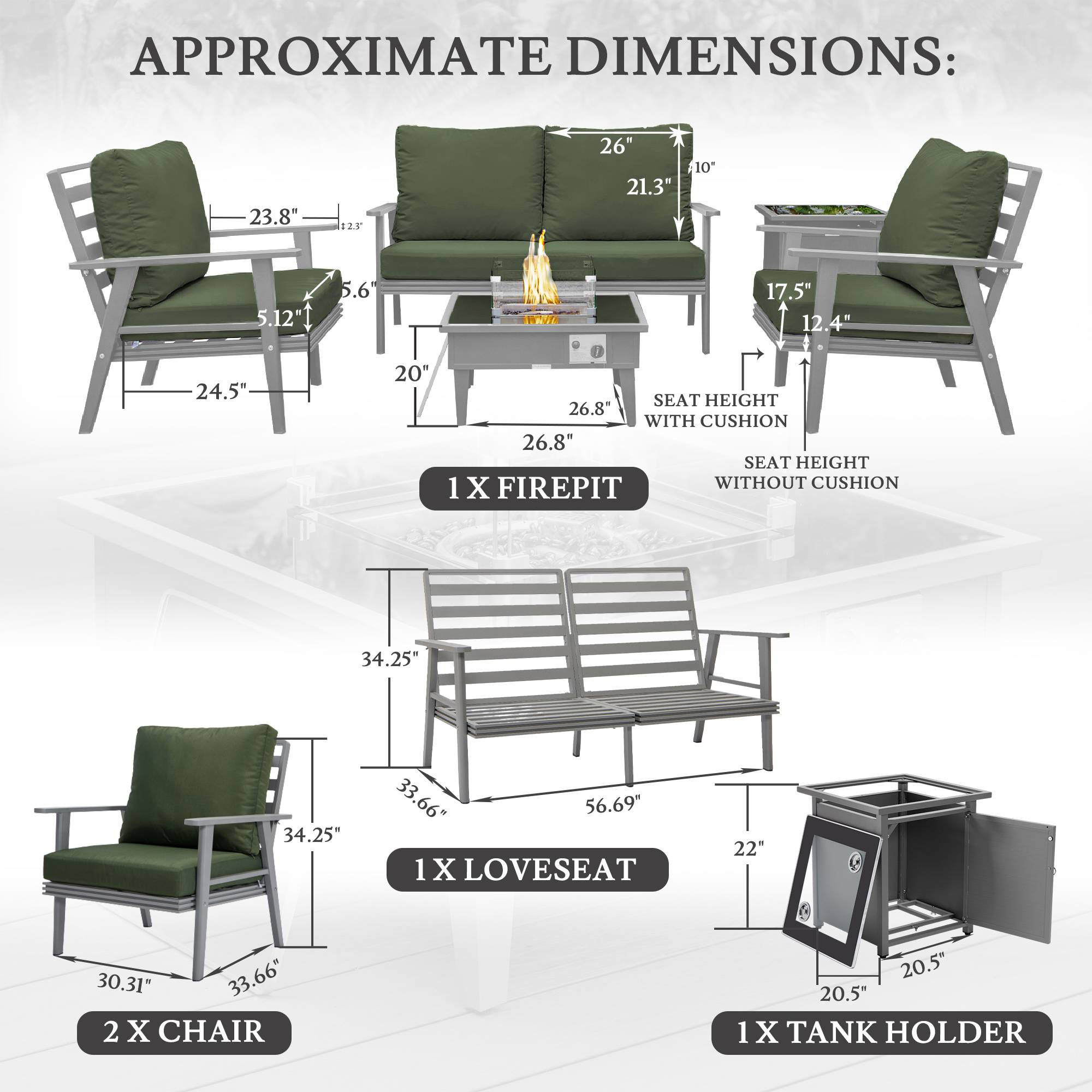 LeisureMod Walbrooke Modern Gray Patio Conversation With Square Fire Pit & Tank Holder - Green