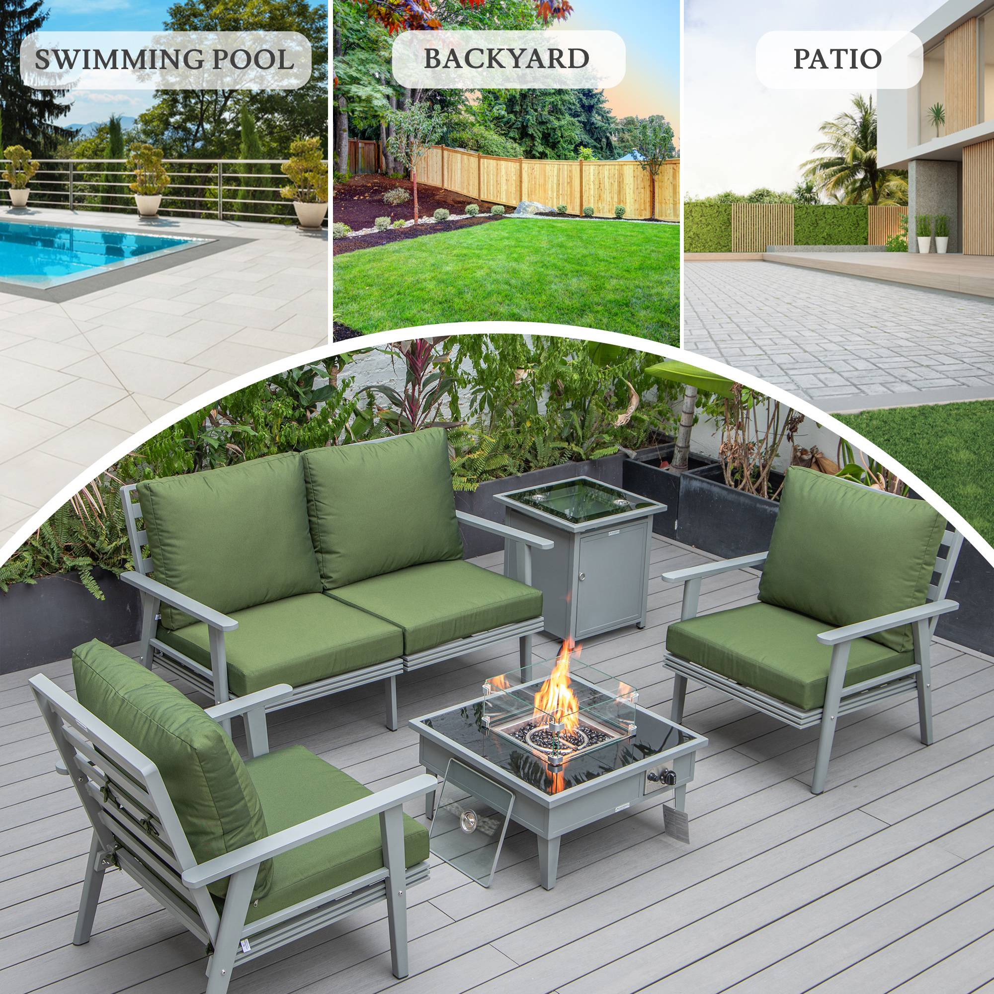 LeisureMod Walbrooke Modern Gray Patio Conversation With Square Fire Pit & Tank Holder - Green