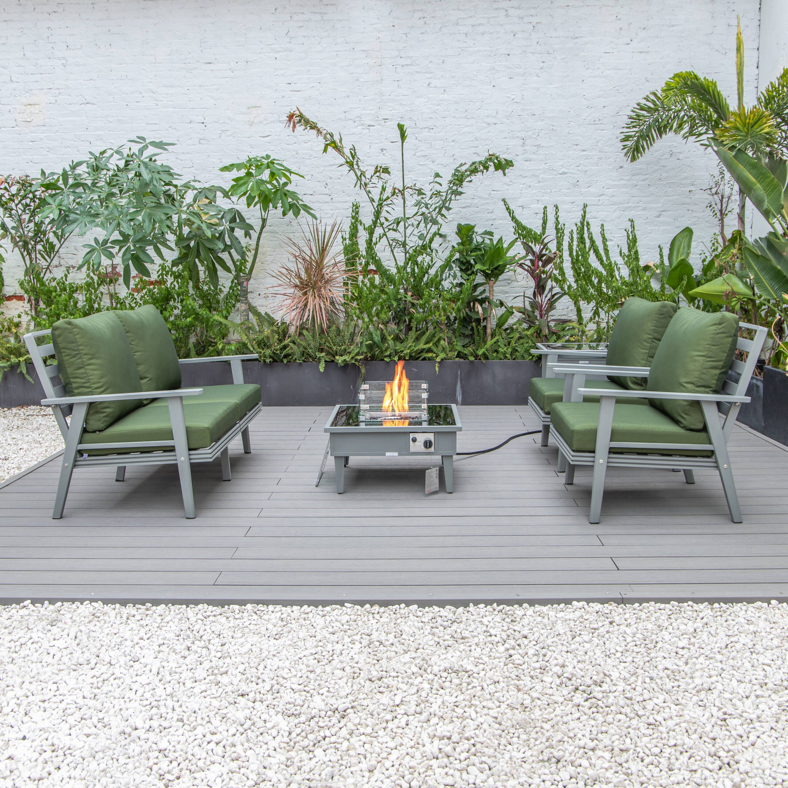 LeisureMod Walbrooke Modern Gray Patio Conversation With Square Fire Pit & Tank Holder - Green