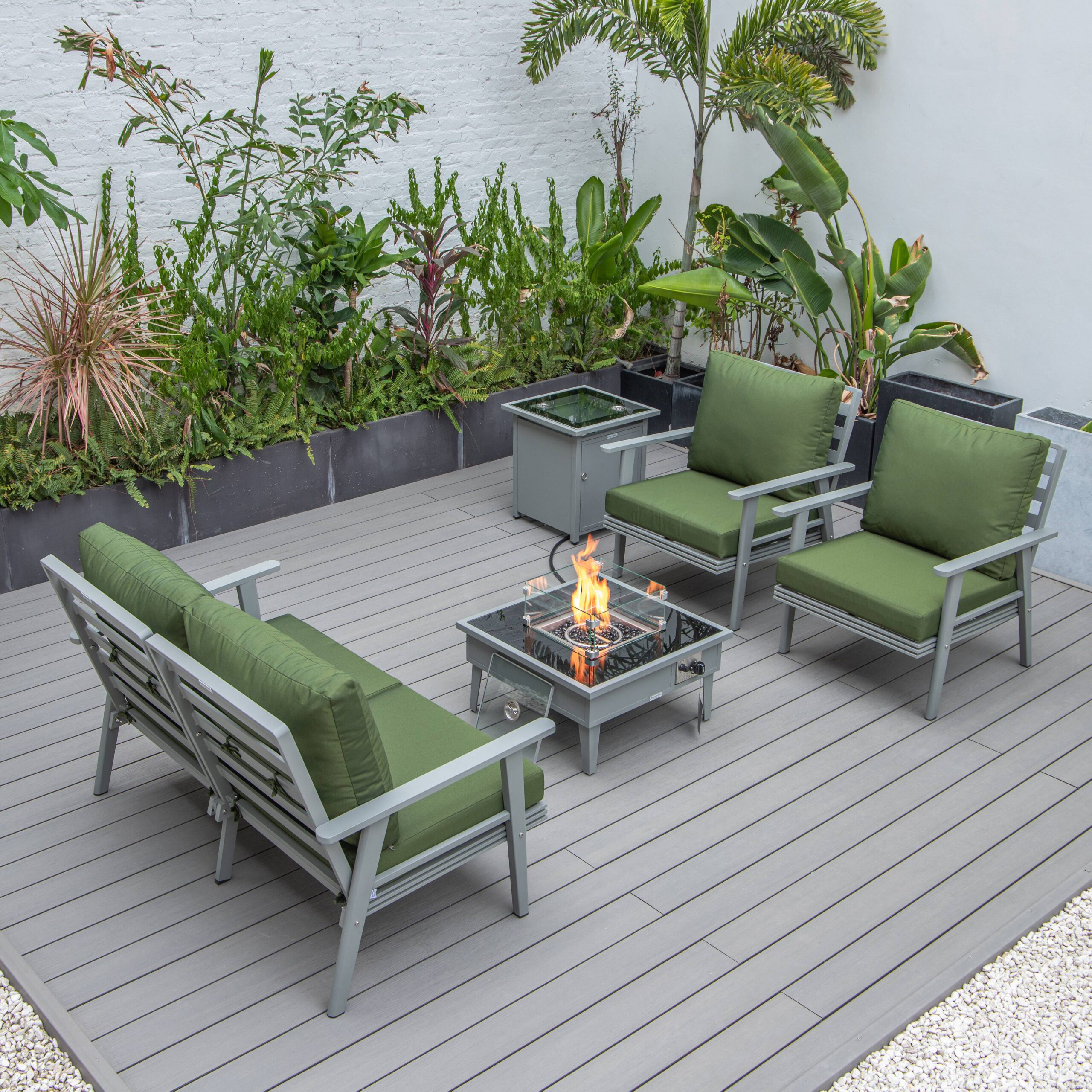 LeisureMod Walbrooke Modern Gray Patio Conversation With Square Fire Pit & Tank Holder - Green