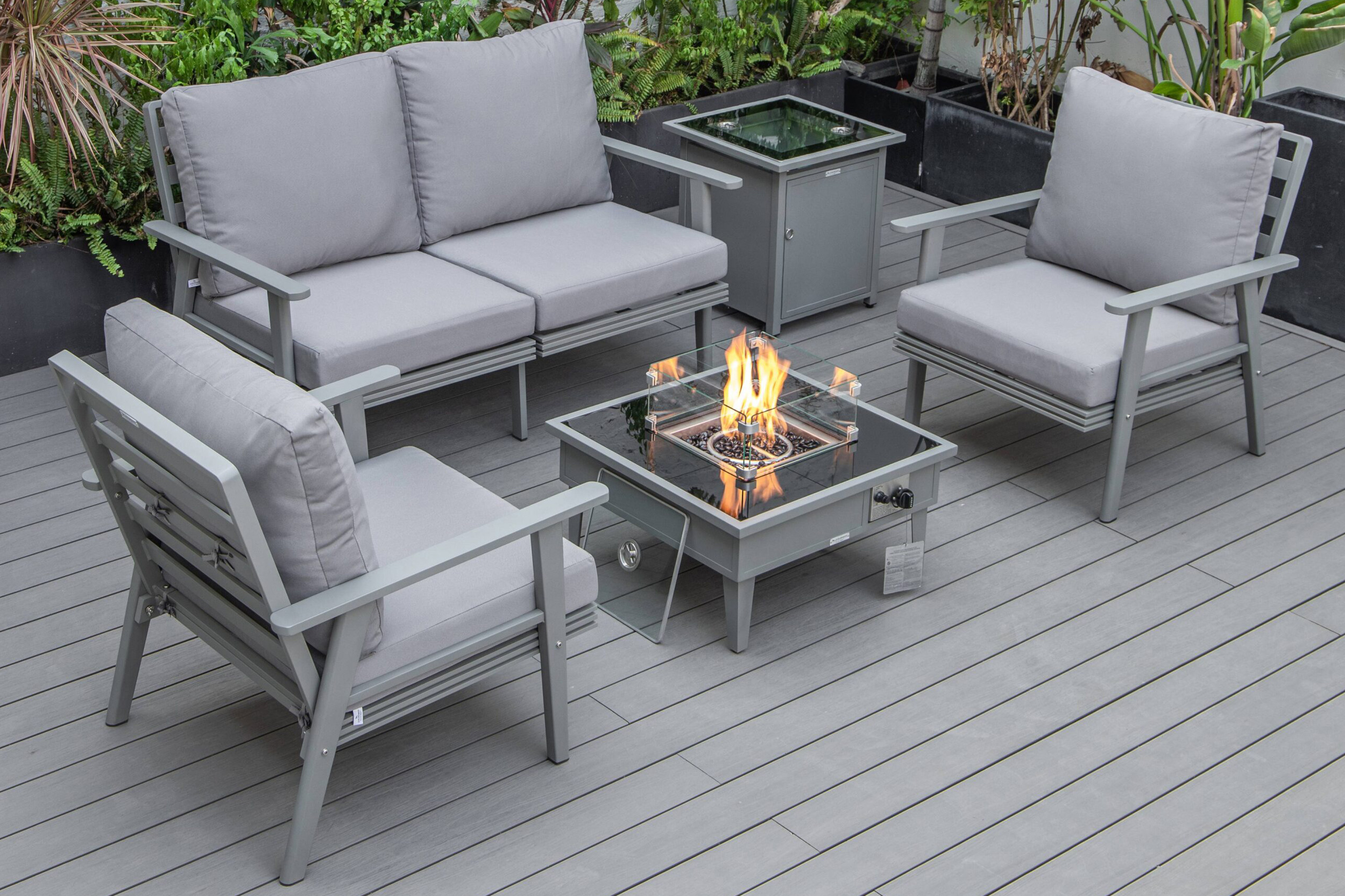 LeisureMod Walbrooke Modern Black Patio Conversation With Square Fire Pit & Tank Holder