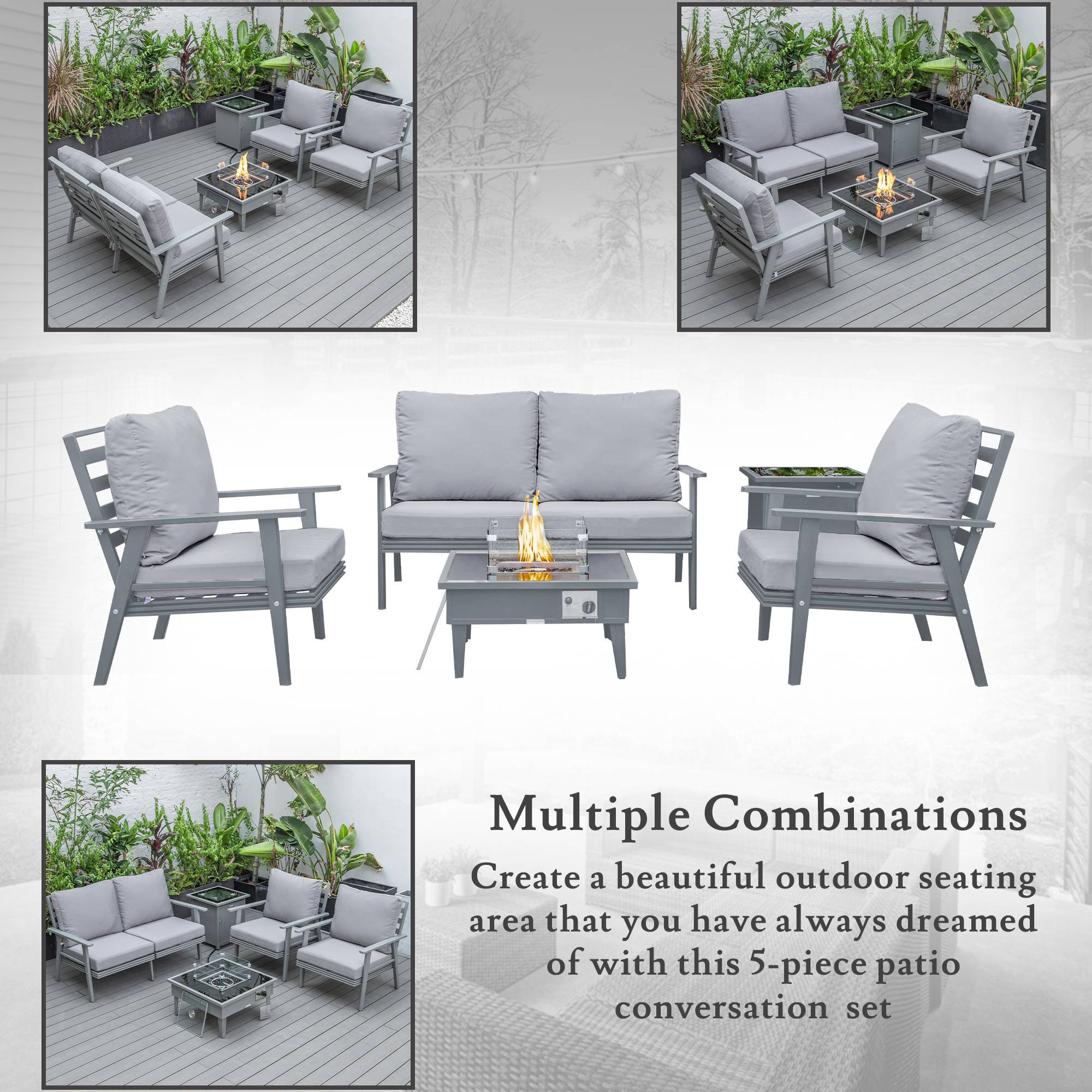 LeisureMod Walbrooke Modern Gray Patio Conversation With Square Fire Pit & Tank Holder - Gray