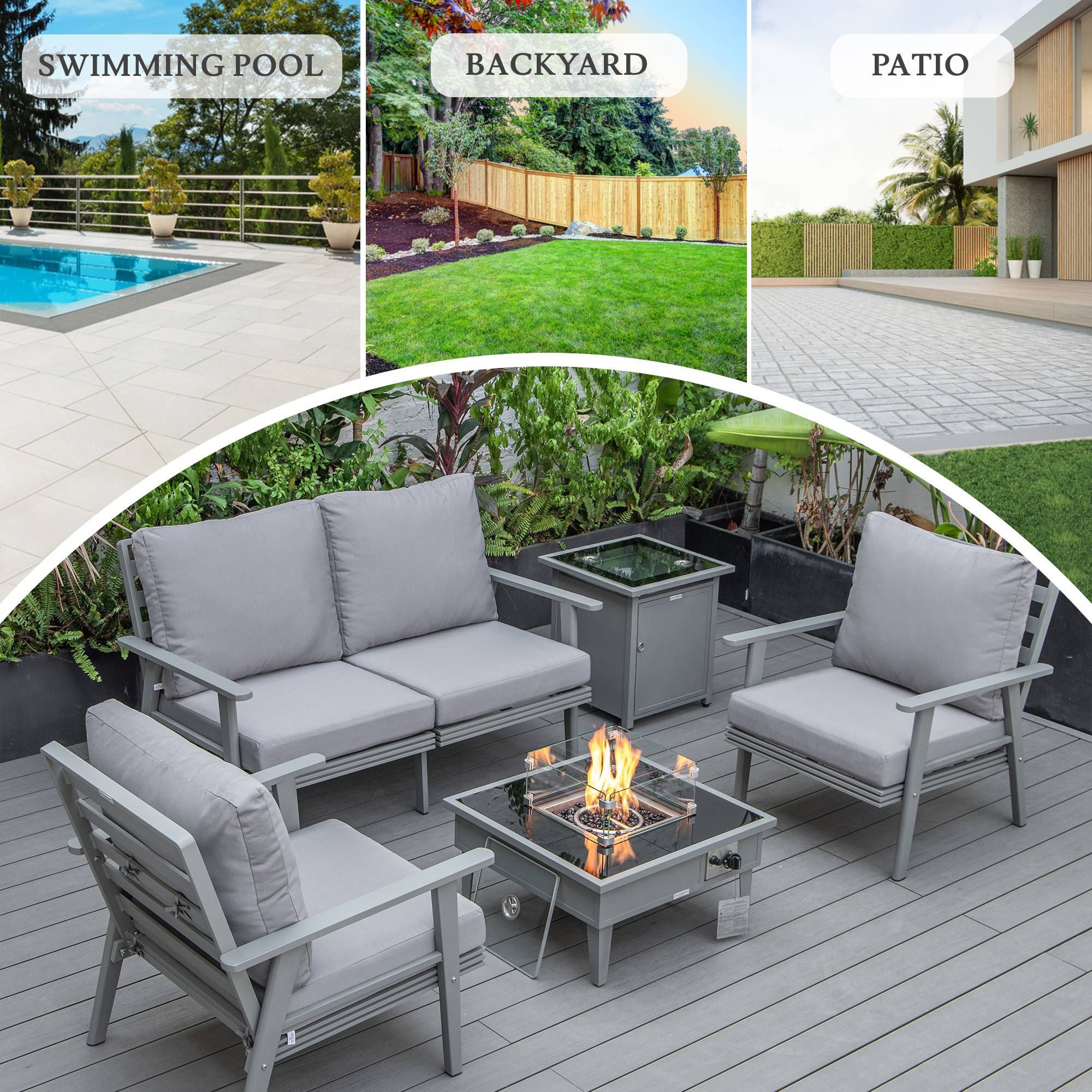 LeisureMod Walbrooke Modern Gray Patio Conversation With Square Fire Pit & Tank Holder - Gray