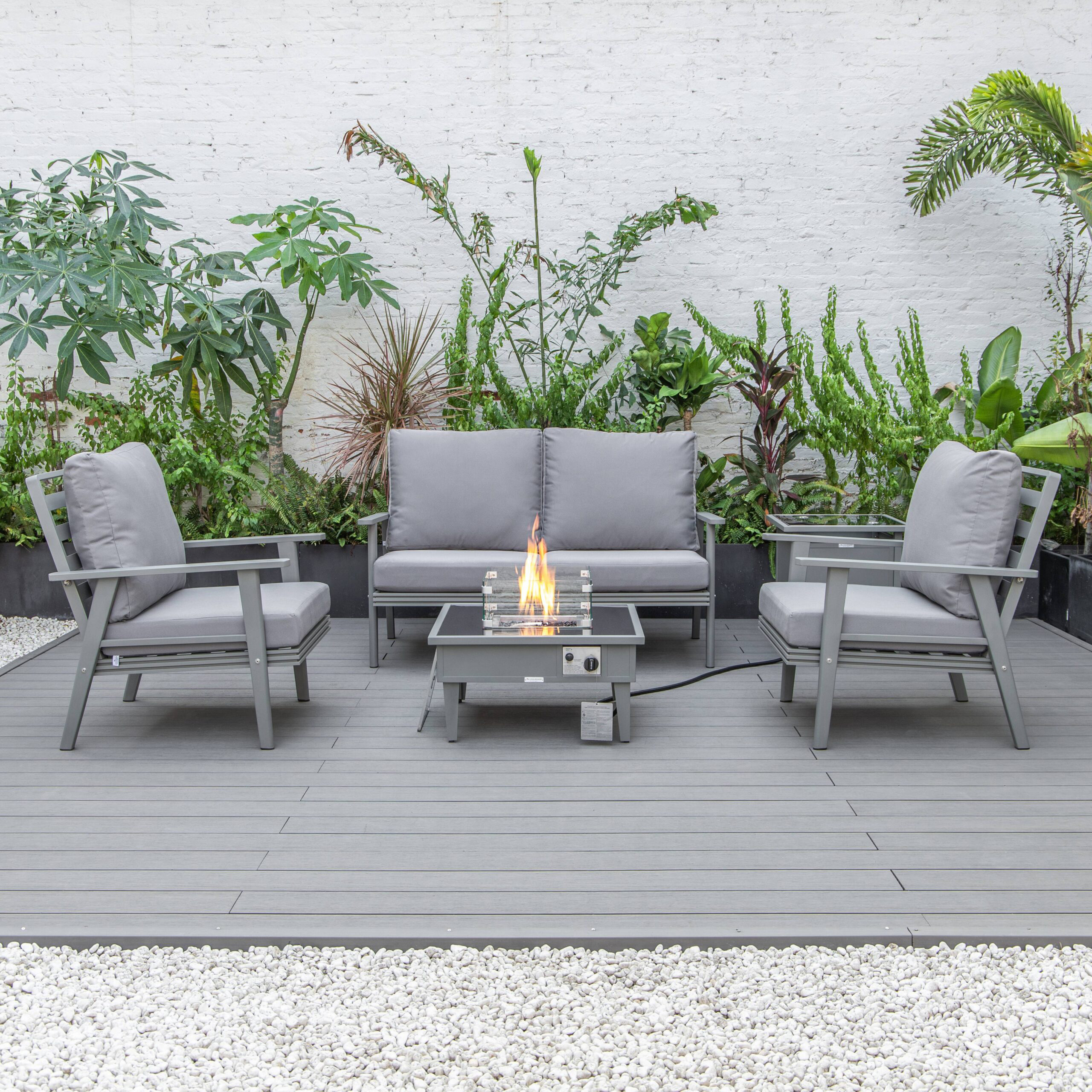 LeisureMod Walbrooke Modern Gray Patio Conversation With Square Fire Pit & Tank Holder - Gray