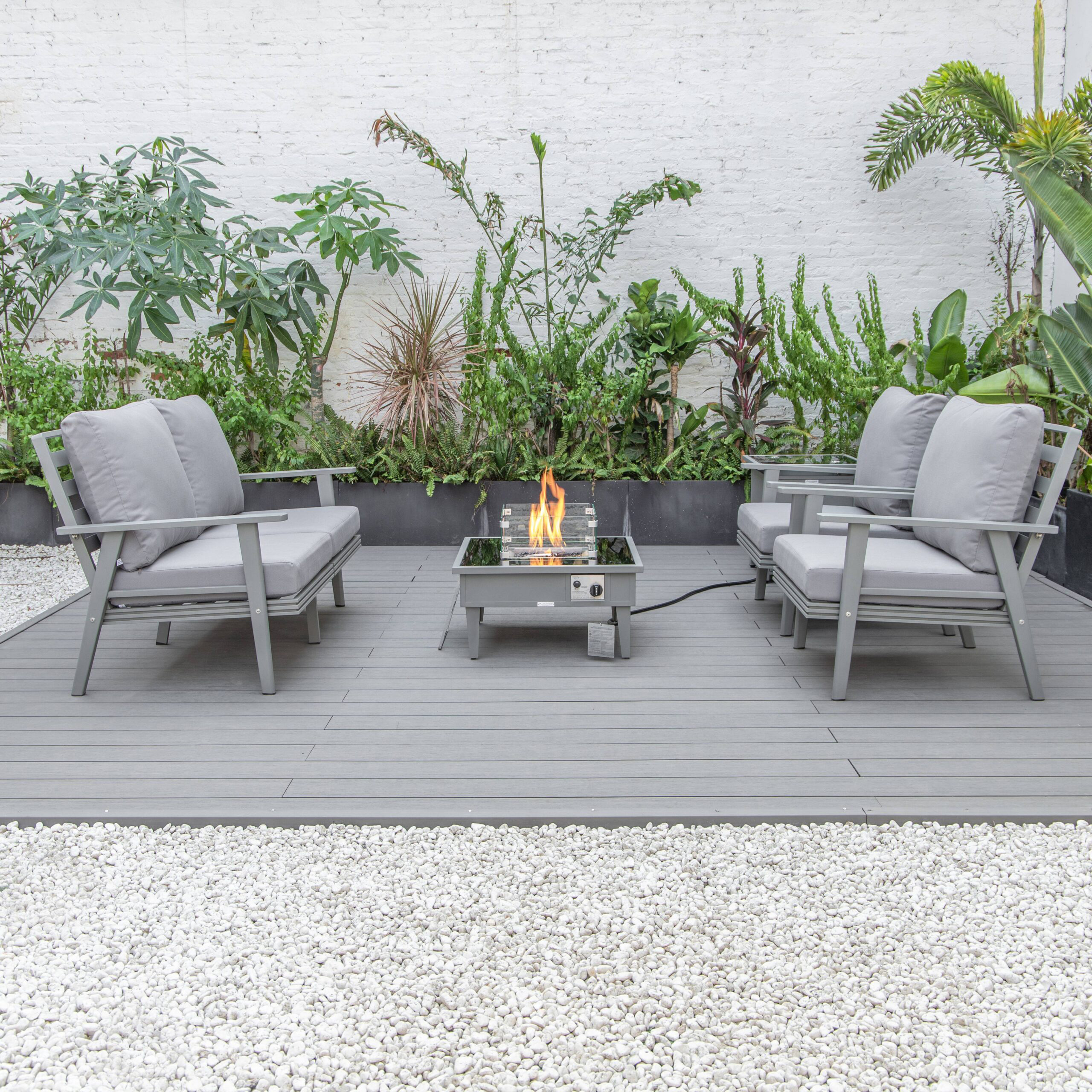 LeisureMod Walbrooke Modern Gray Patio Conversation With Square Fire Pit & Tank Holder - Gray