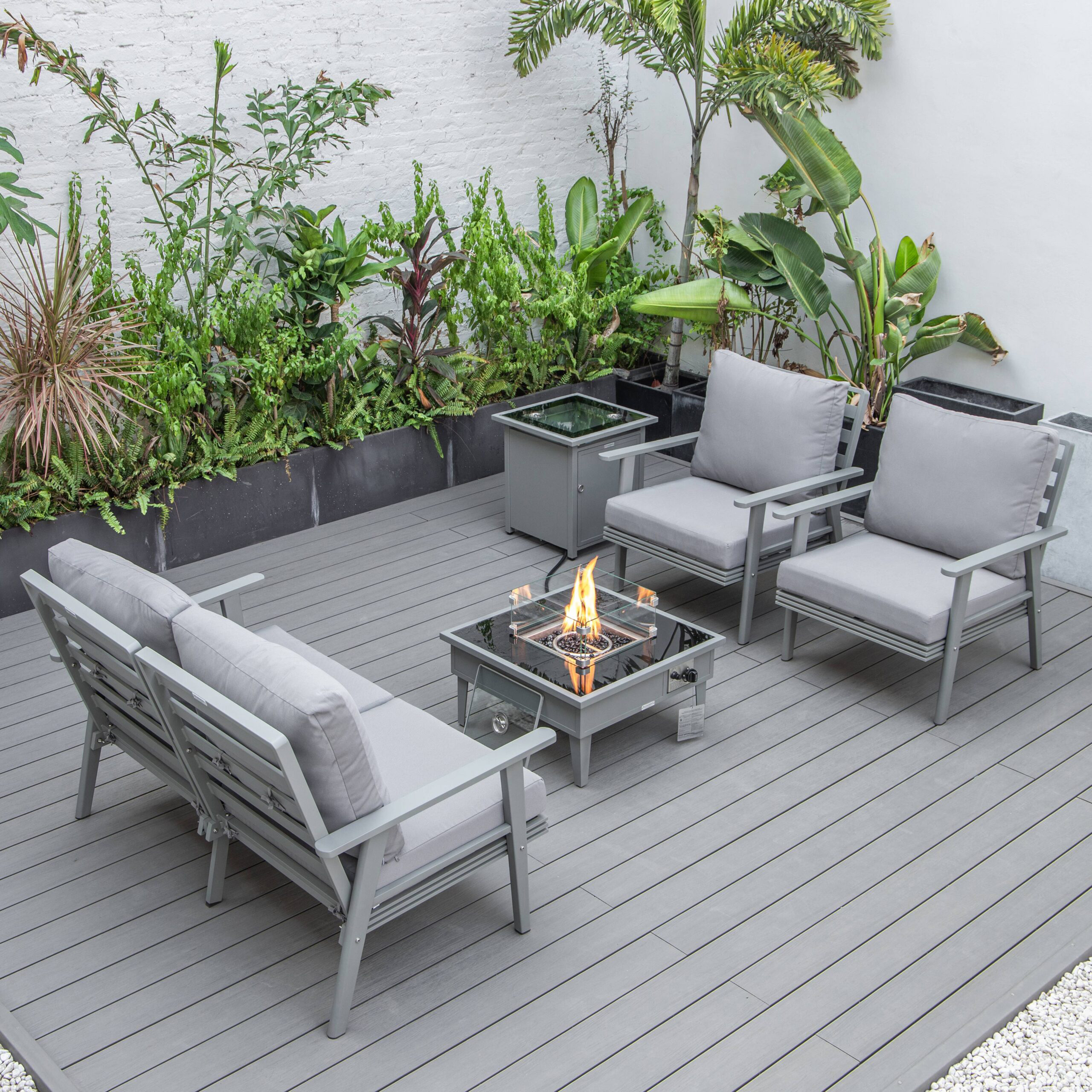 LeisureMod Walbrooke Modern Gray Patio Conversation With Square Fire Pit & Tank Holder - Gray