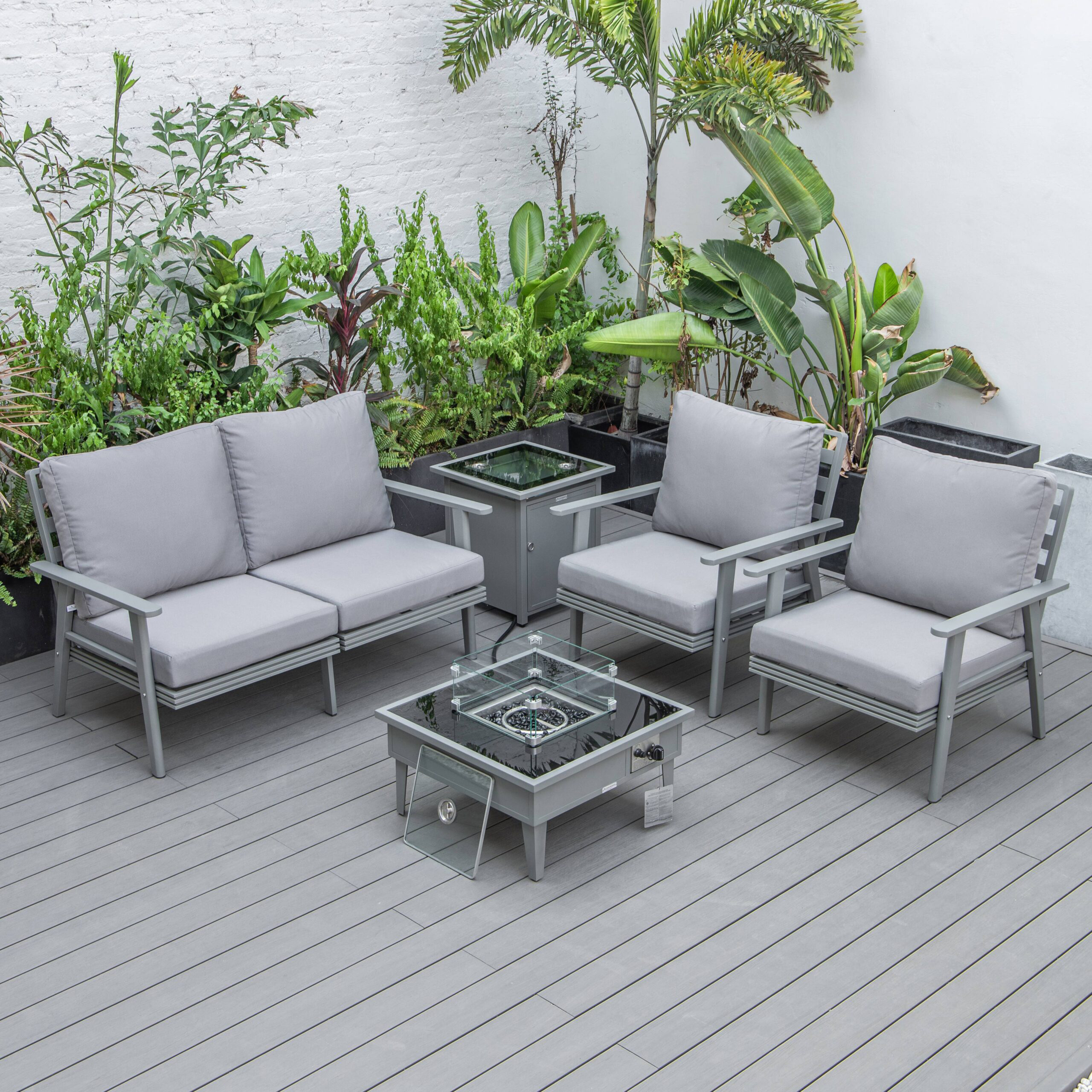 LeisureMod Walbrooke Modern Gray Patio Conversation With Square Fire Pit & Tank Holder - Gray