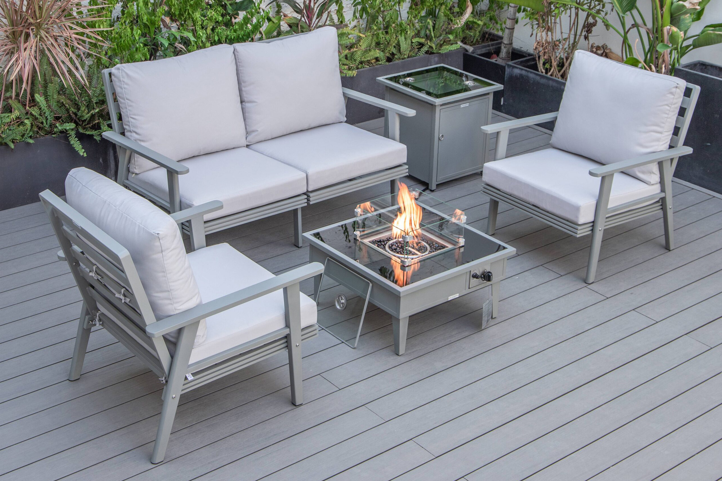 LeisureMod Walbrooke Modern Black Patio Conversation With Square Fire Pit & Tank Holder