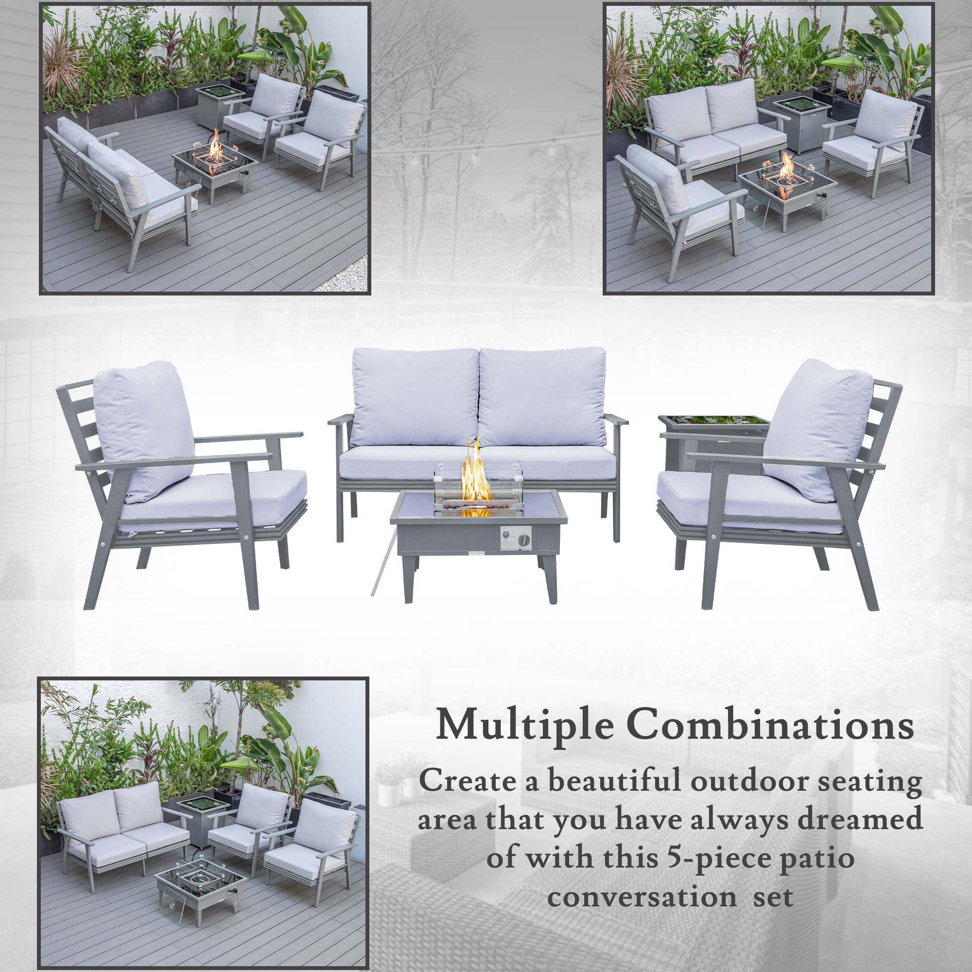 LeisureMod Walbrooke Modern Gray Patio Conversation With Square Fire Pit & Tank Holder - Light Gray